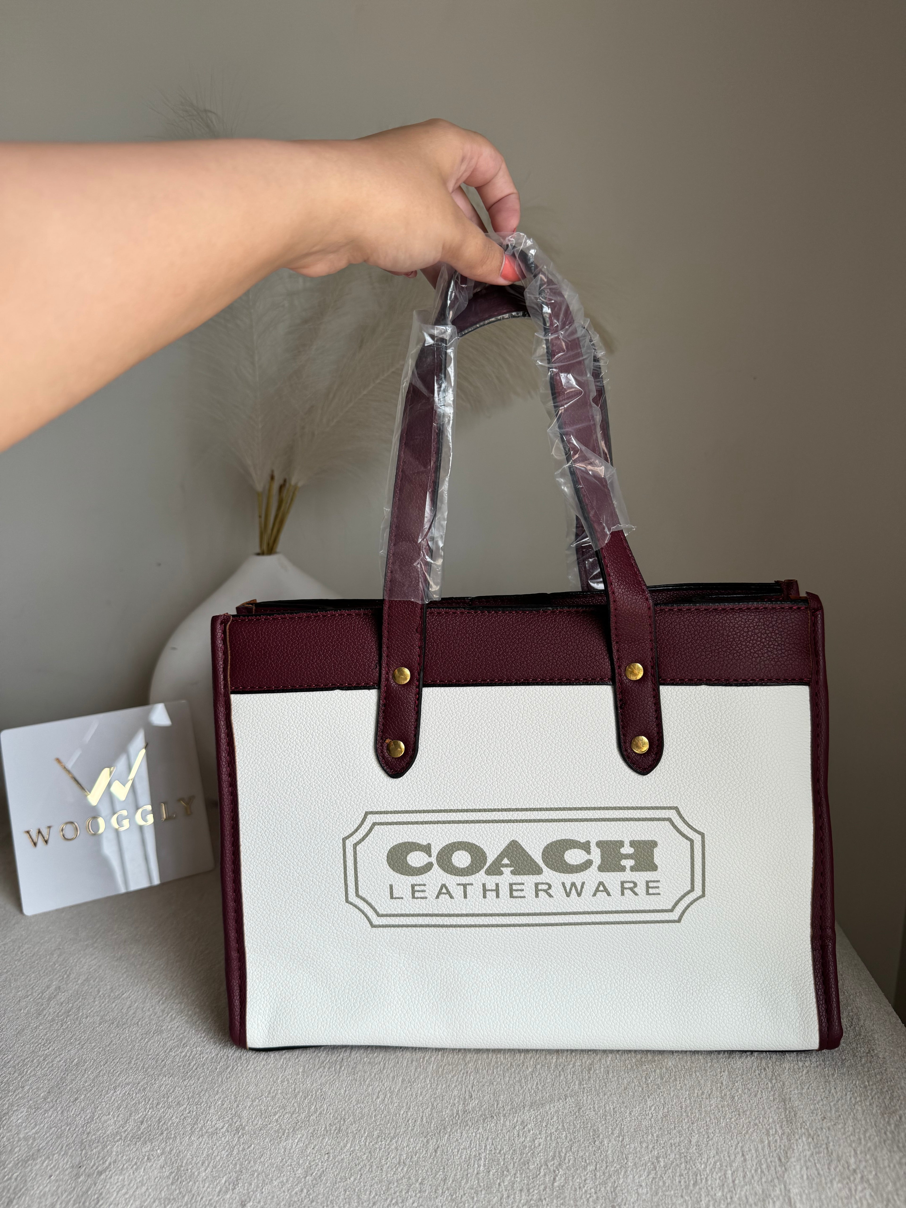 COACH Field Tote Bag - Maroon & White