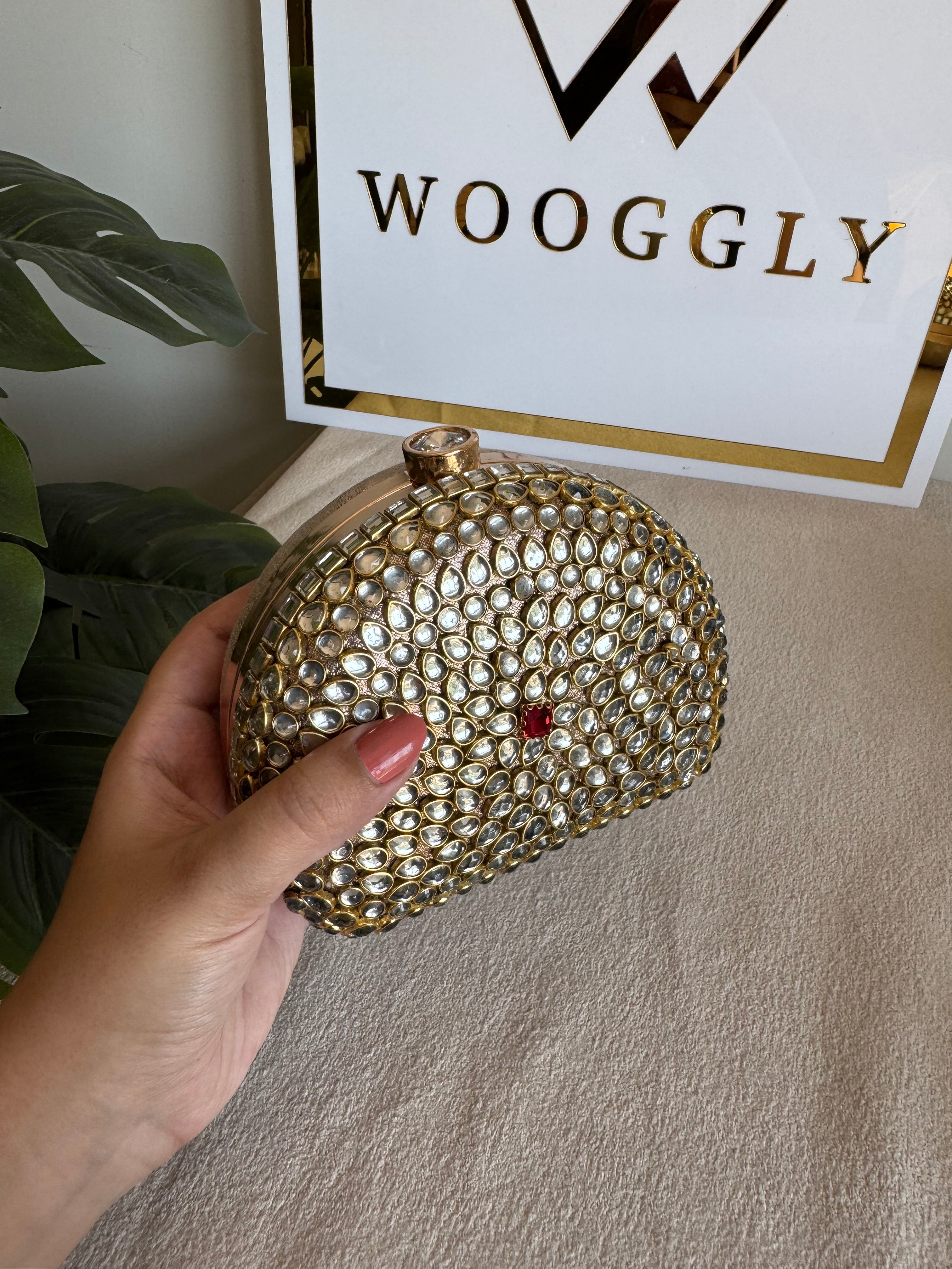 Afreen Kundan Clutch with Chain - Red Stone