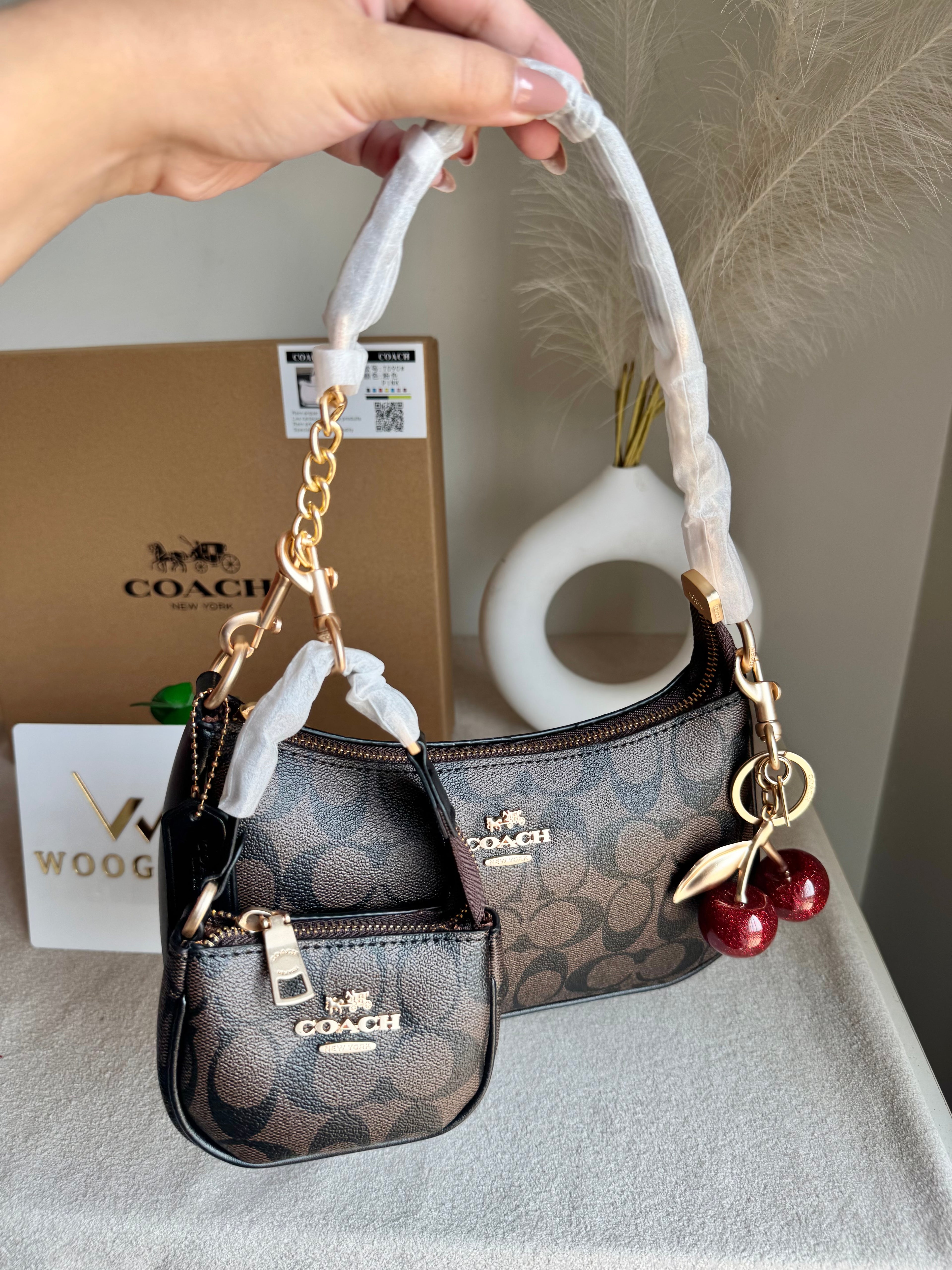 COACH Teri Gift Box with Baby Teri Charm & Coach Cherry Charm - Signature Brown