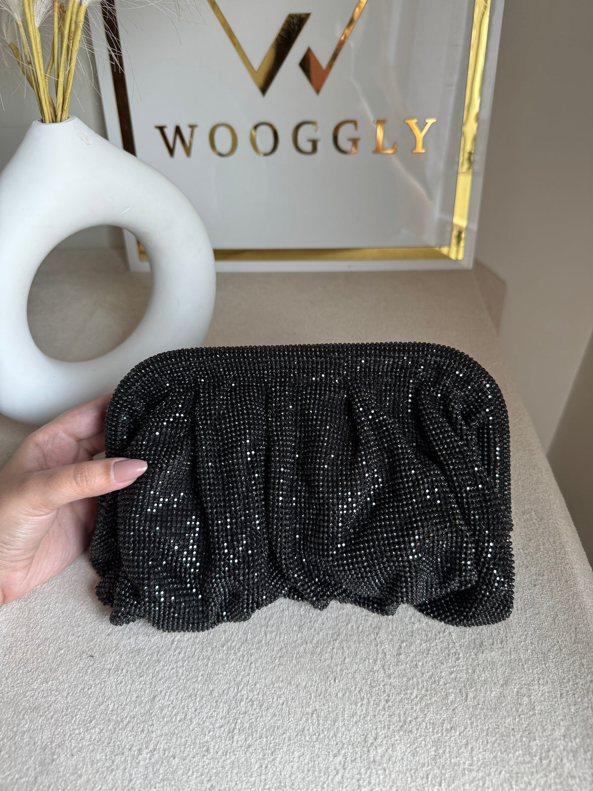 Viral High Quality Rhinestone Clutch with Chain - Black
