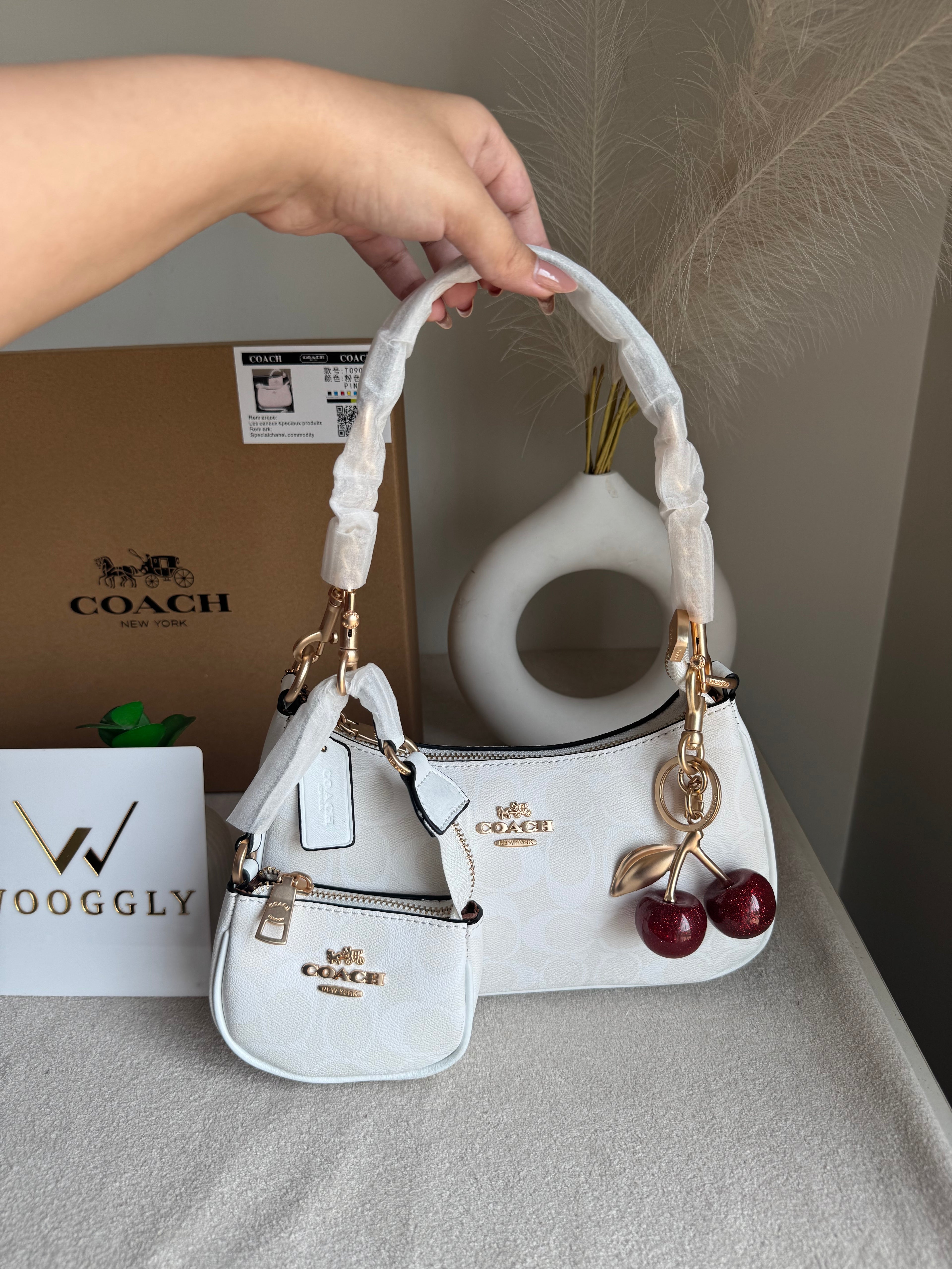 COACH Teri Gift Box with Baby Teri Charm & Coach Cherry Charm - Signature White