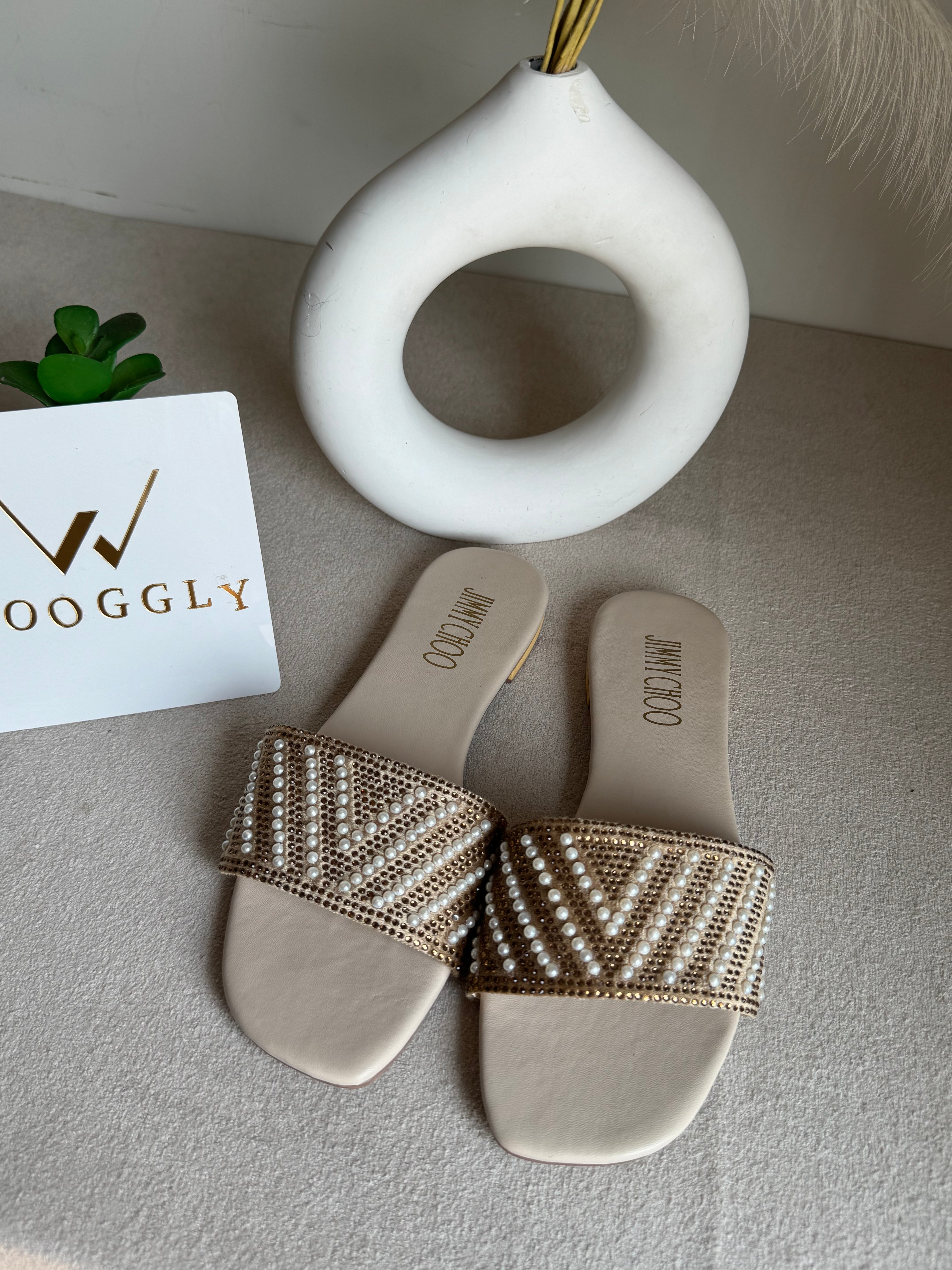 Jimmy Choo Glam Slides Beige with Pearl