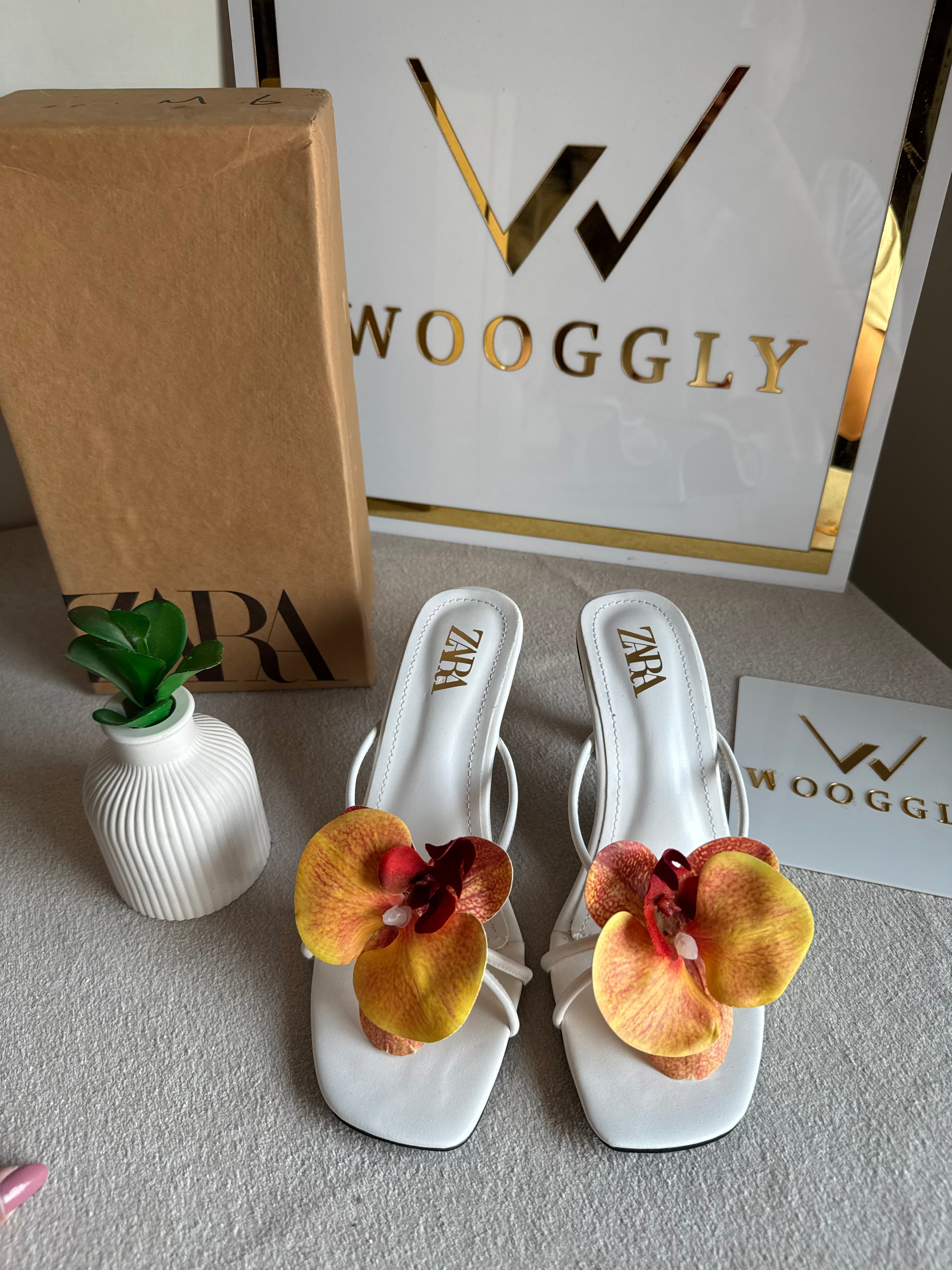 Zara Flower Heels WHITE WITH YELLOW - with Brand Box