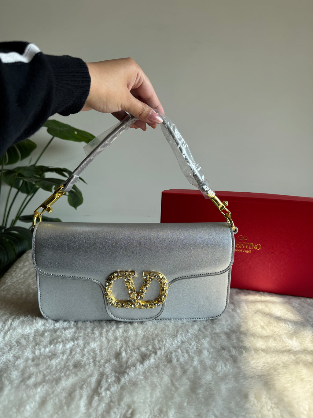 Valentino Loco with Jewel Logo PREMIUM Handbag with Box Packing - Silver