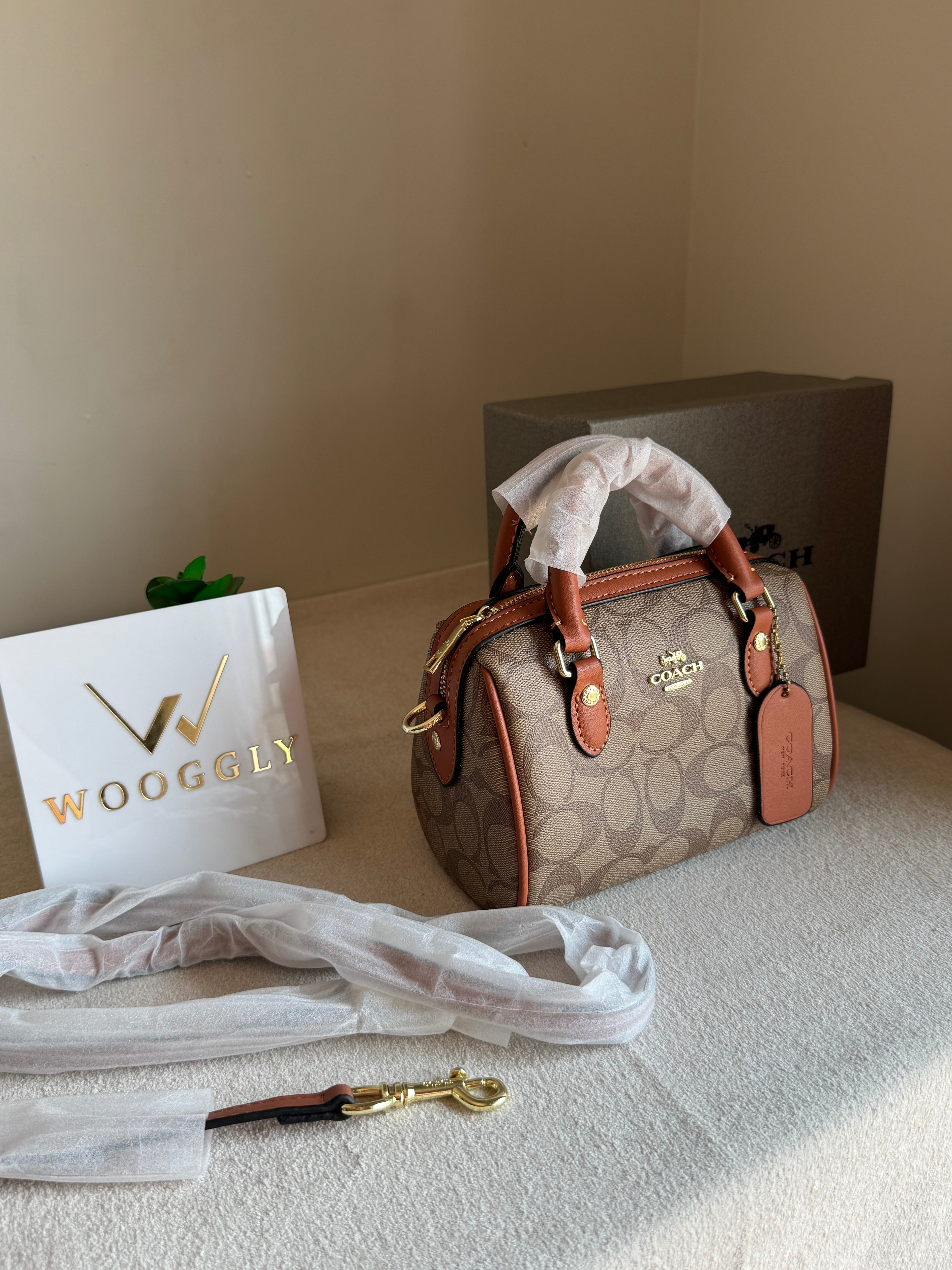 COACH Mini Duffle Bag PREMIUM with Long Strap Apricot Brown - BOX PACKING