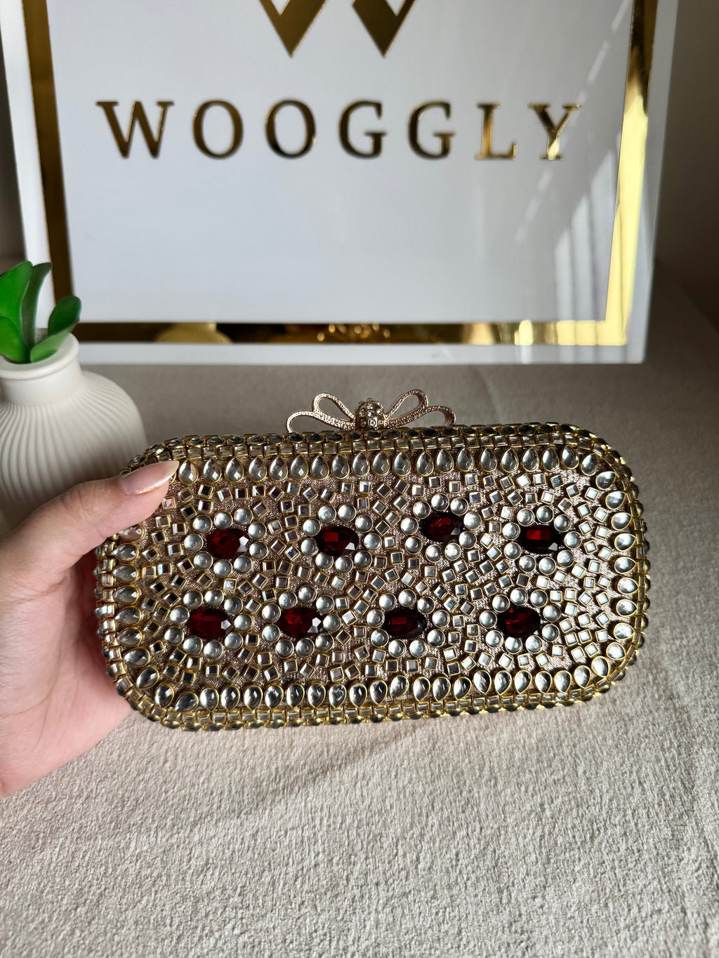 Kundan Stone Clutch - Maroon Stones