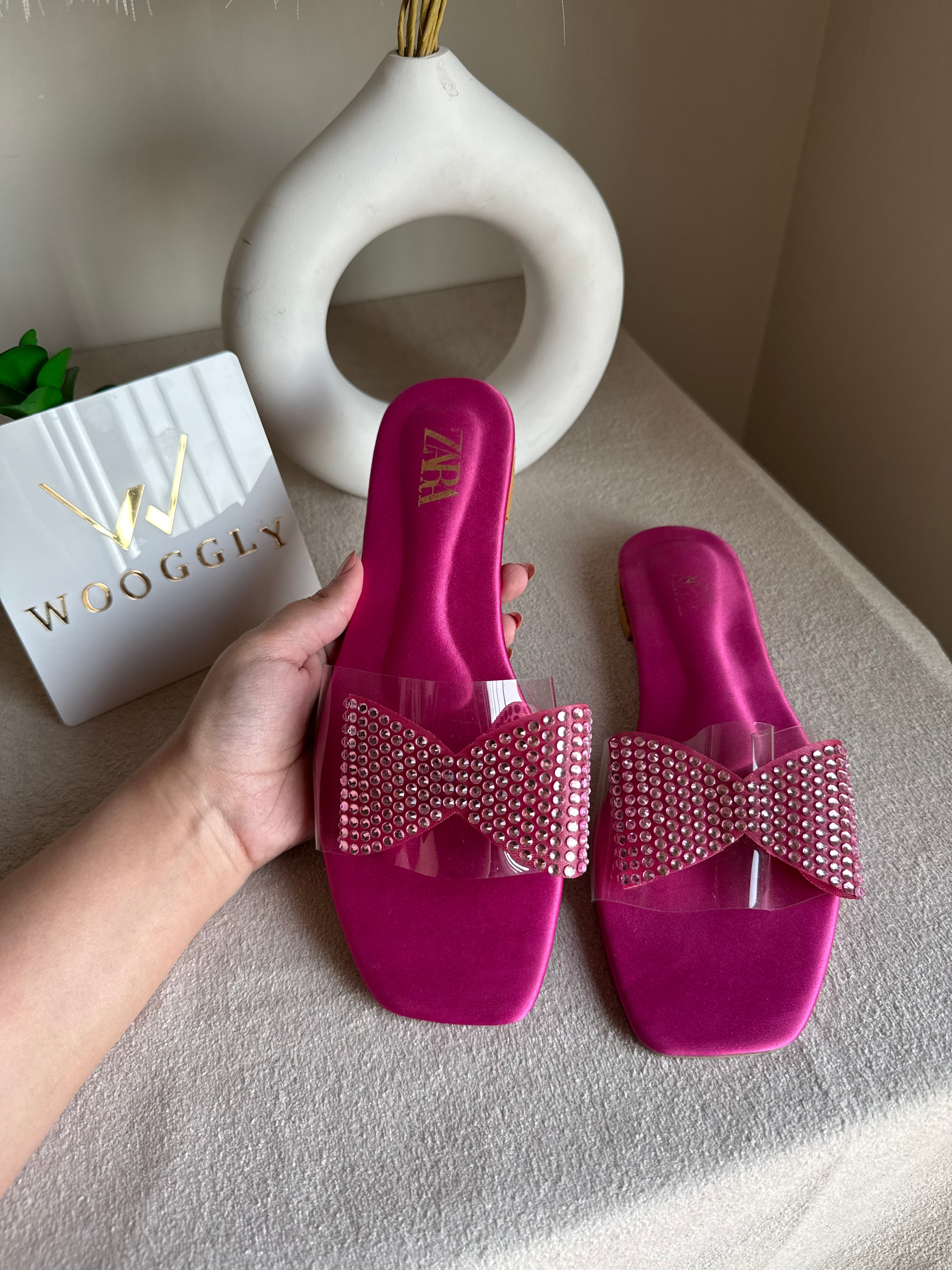 Zara Glitter Bow Slides - Hot Pink