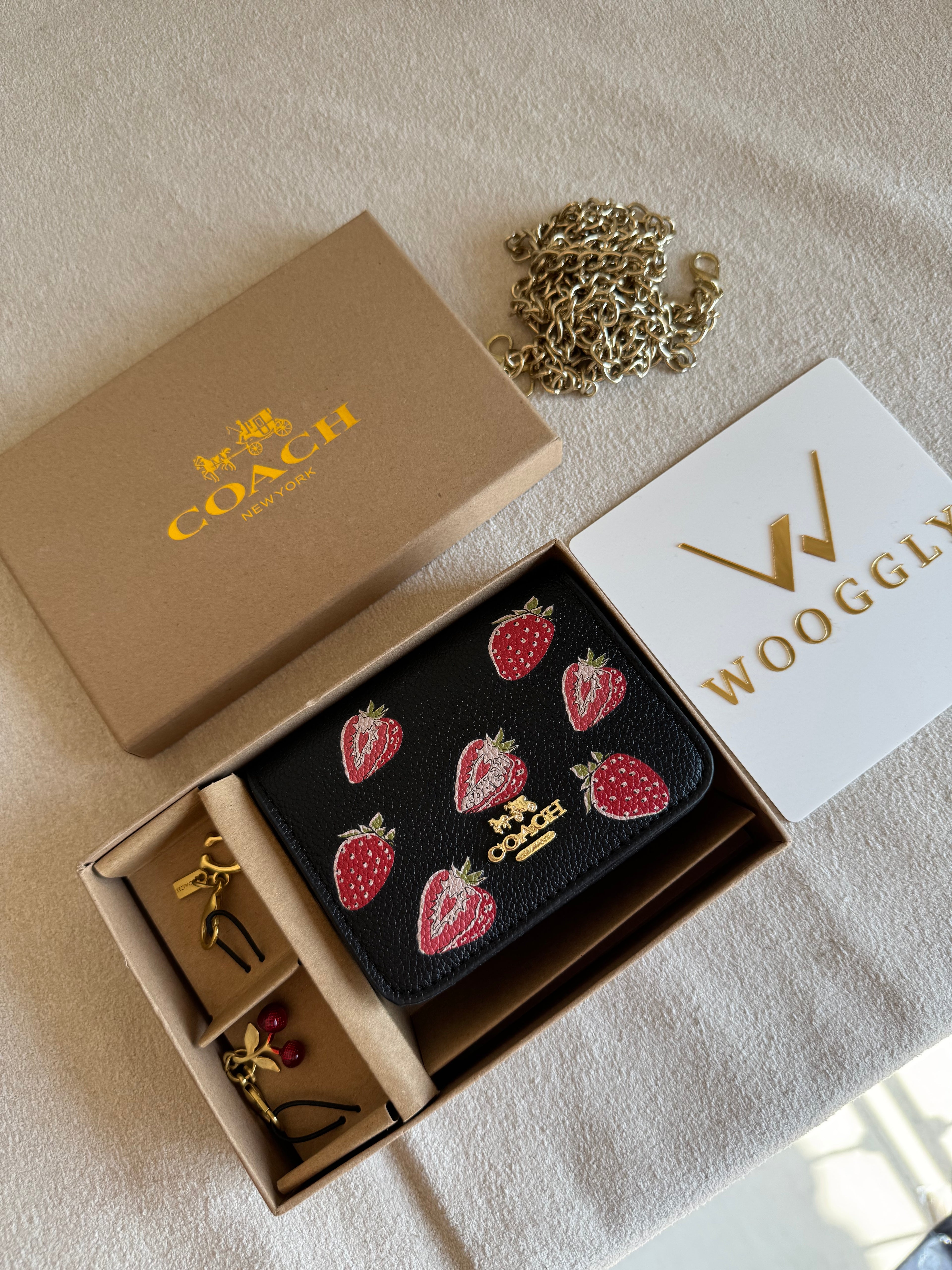 Coach Wallet with 2 Charms Gift Set - Black with Strawberries