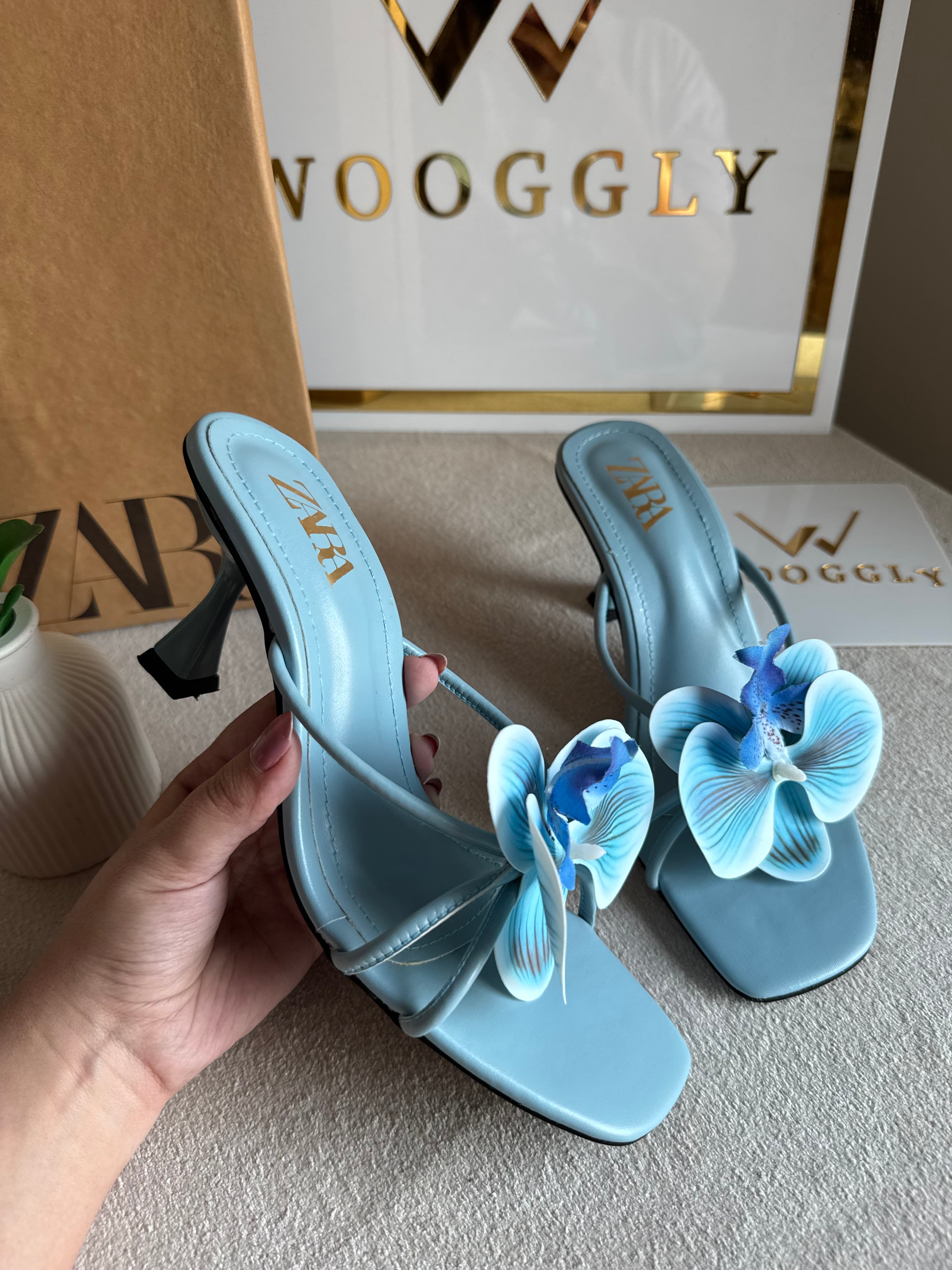 Zara Flower Heels BABY BLUE- with Brand Box