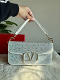 Valentino Loco Rhinestone PREMIUM Handbag with Box Packing - White & Silver