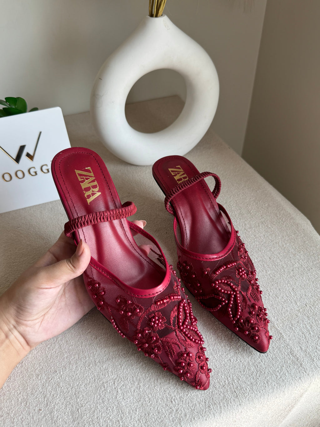 Zara Embroidered Net Heels - Maroon