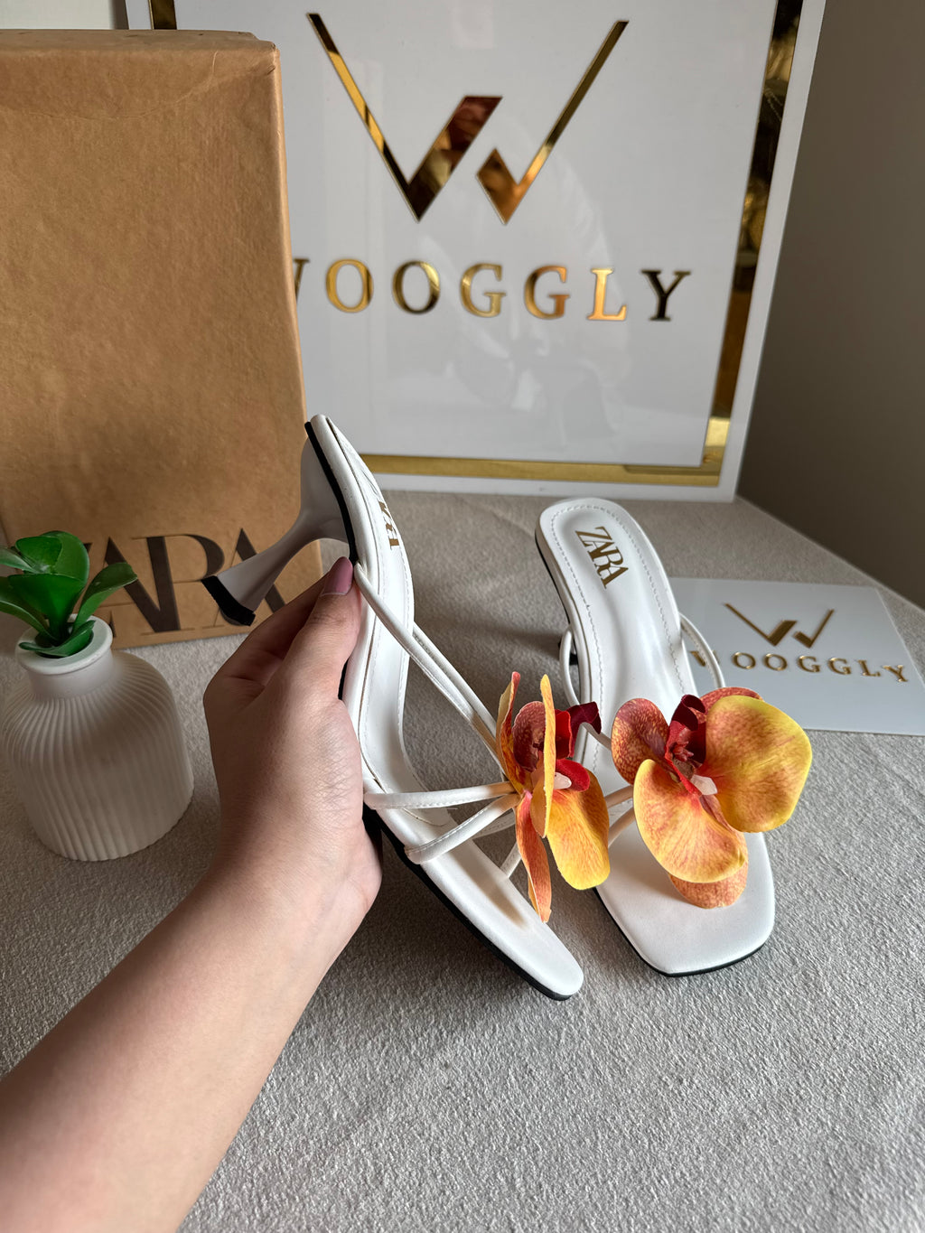 Zara Flower Heels WHITE WITH YELLOW - with Brand Box