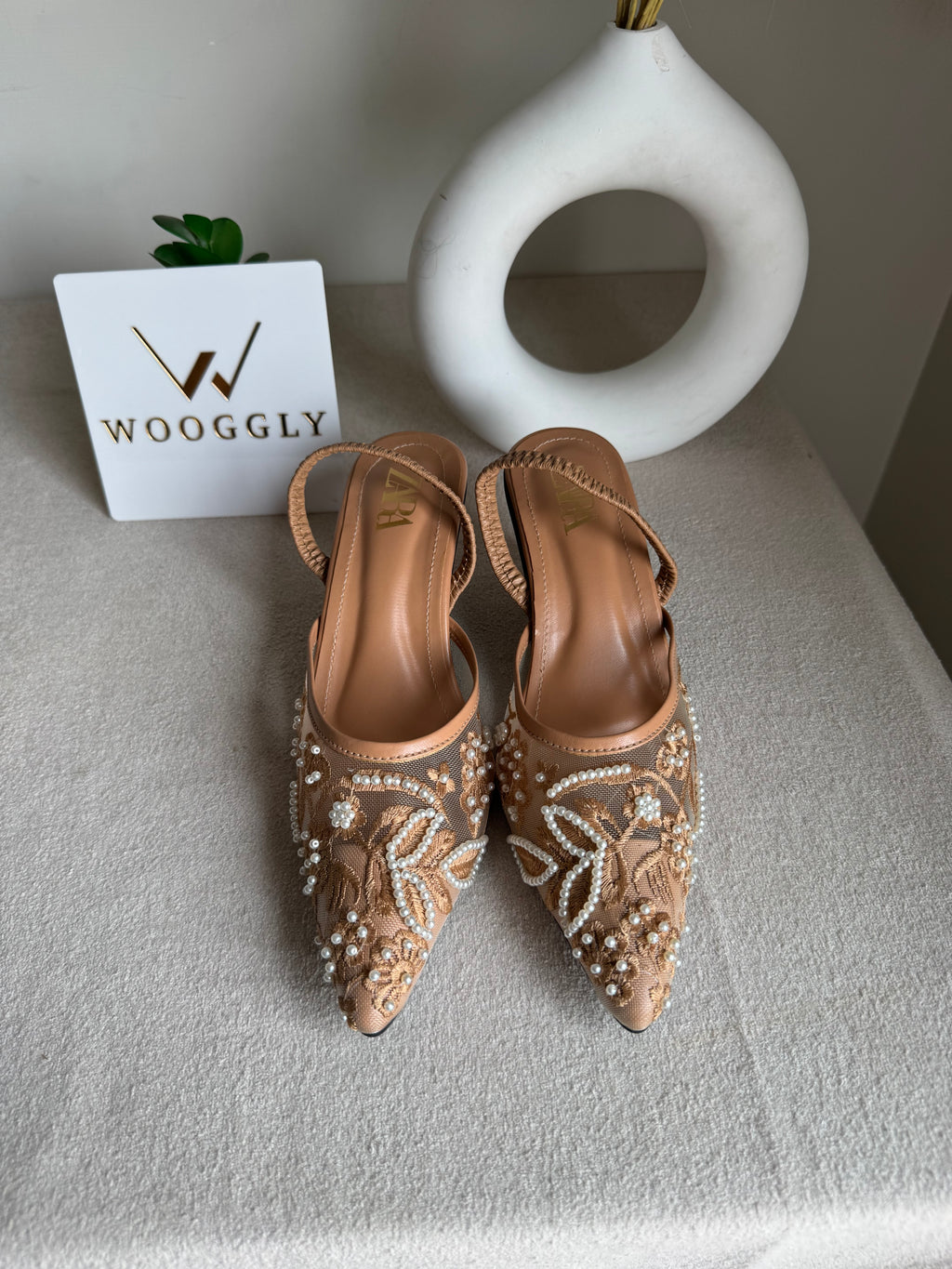 Zara Embroidered Net Heels - Beige