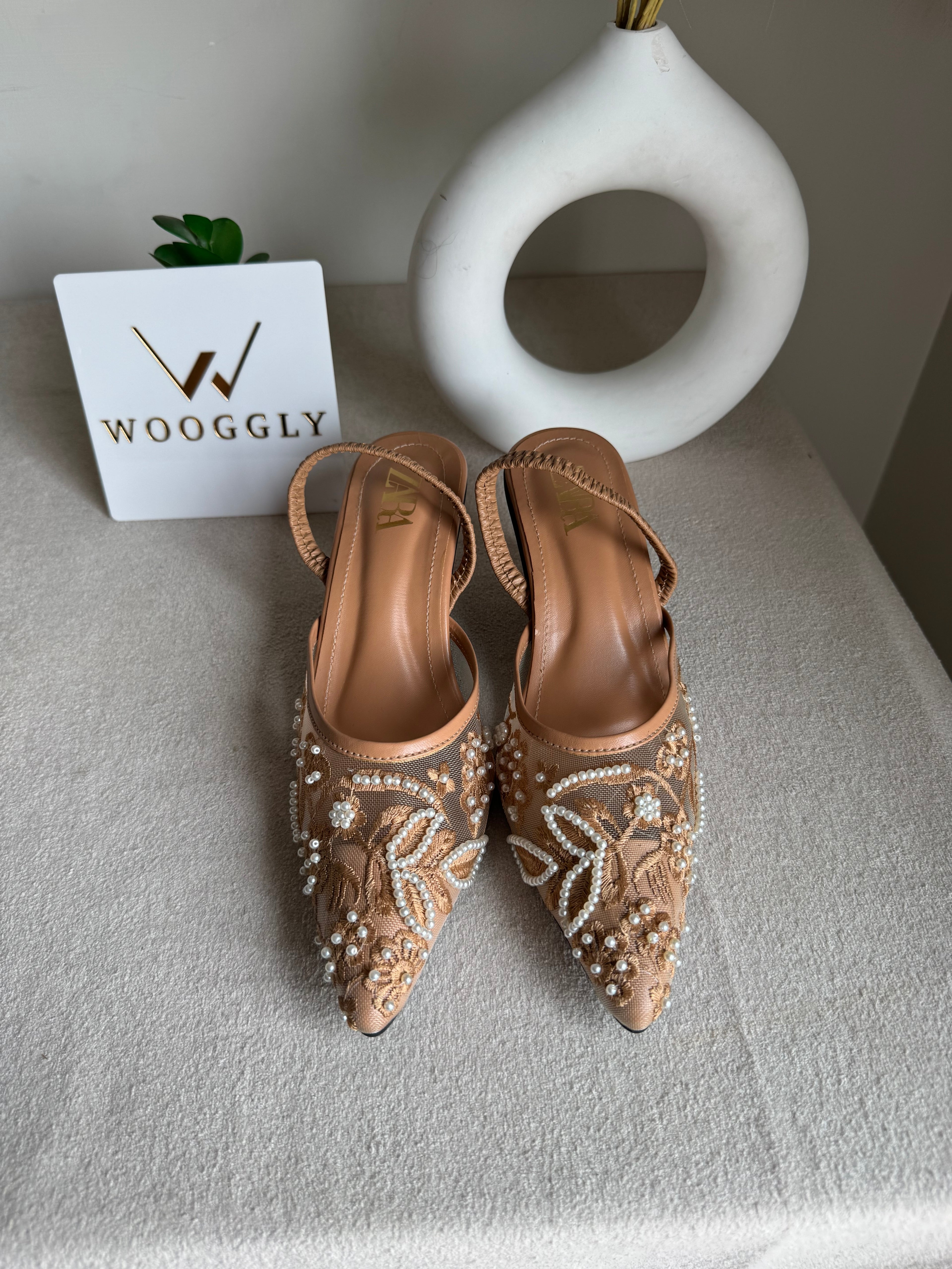 Zara Embroidered Net Heels - Beige