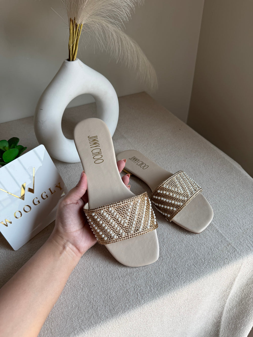 Jimmy Choo Glam Slides Beige with Pearl