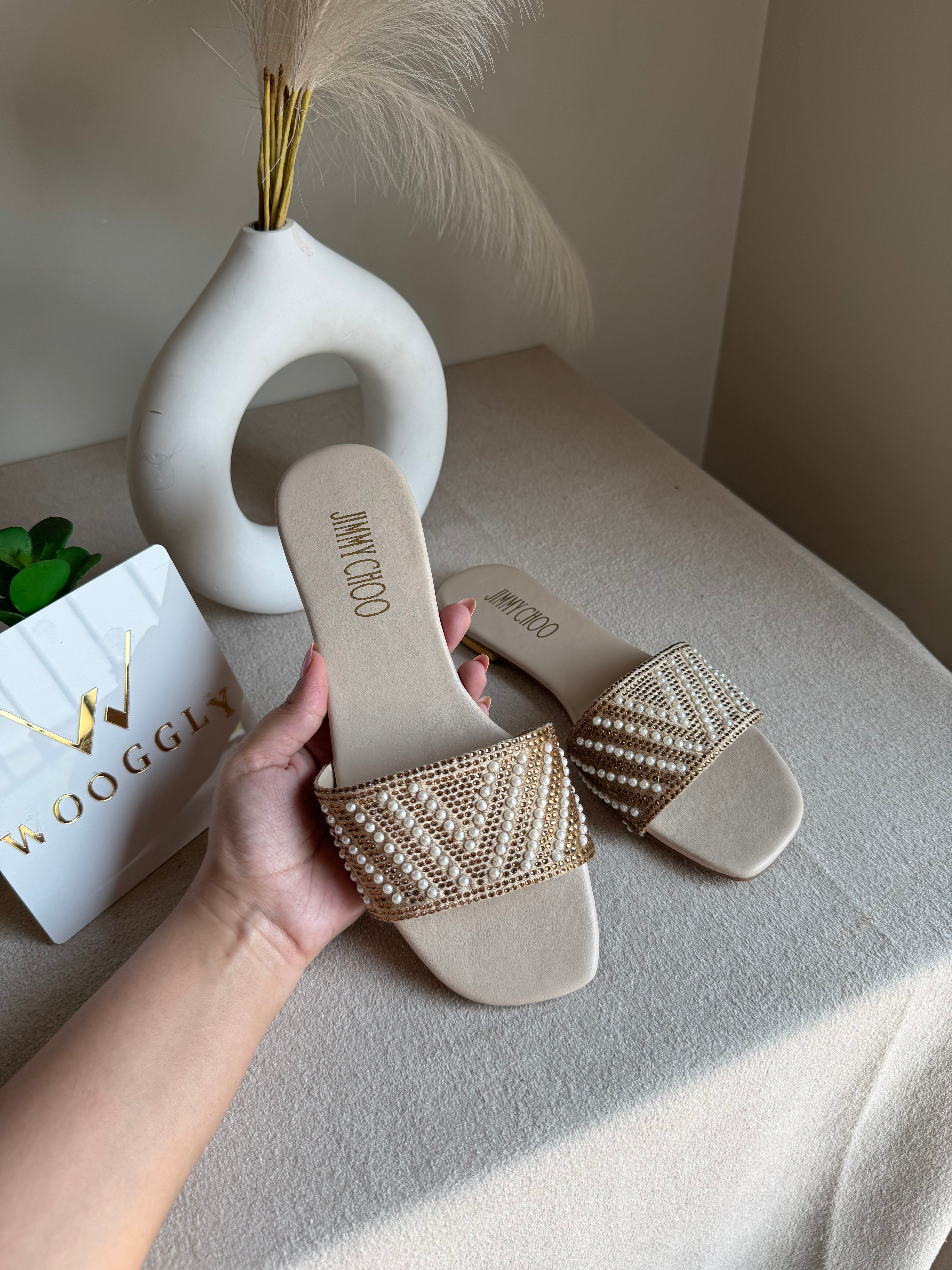 Jimmy Choo Glam Slides Beige with Pearl