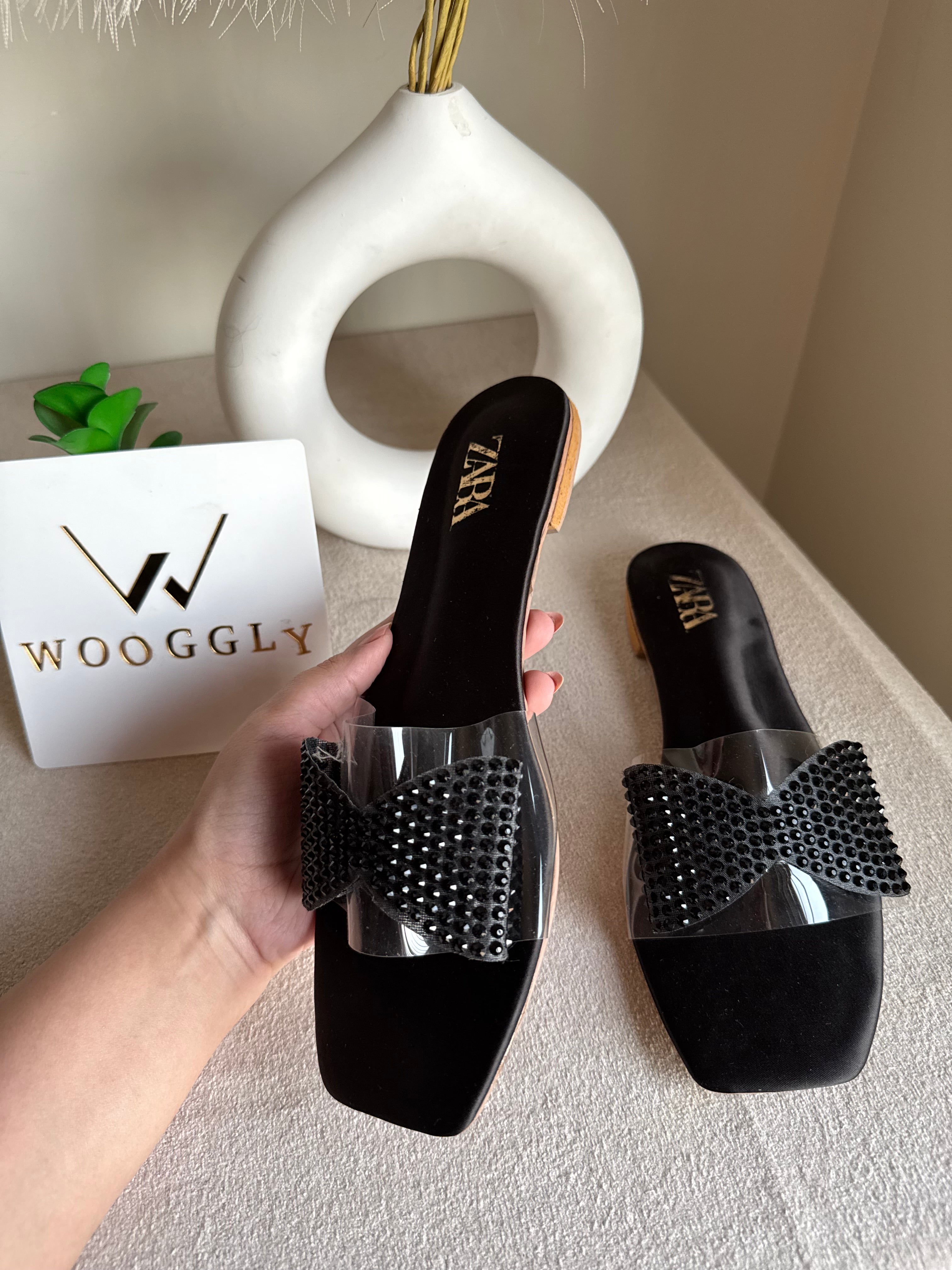 Zara Glitter Bow Slides - Black
