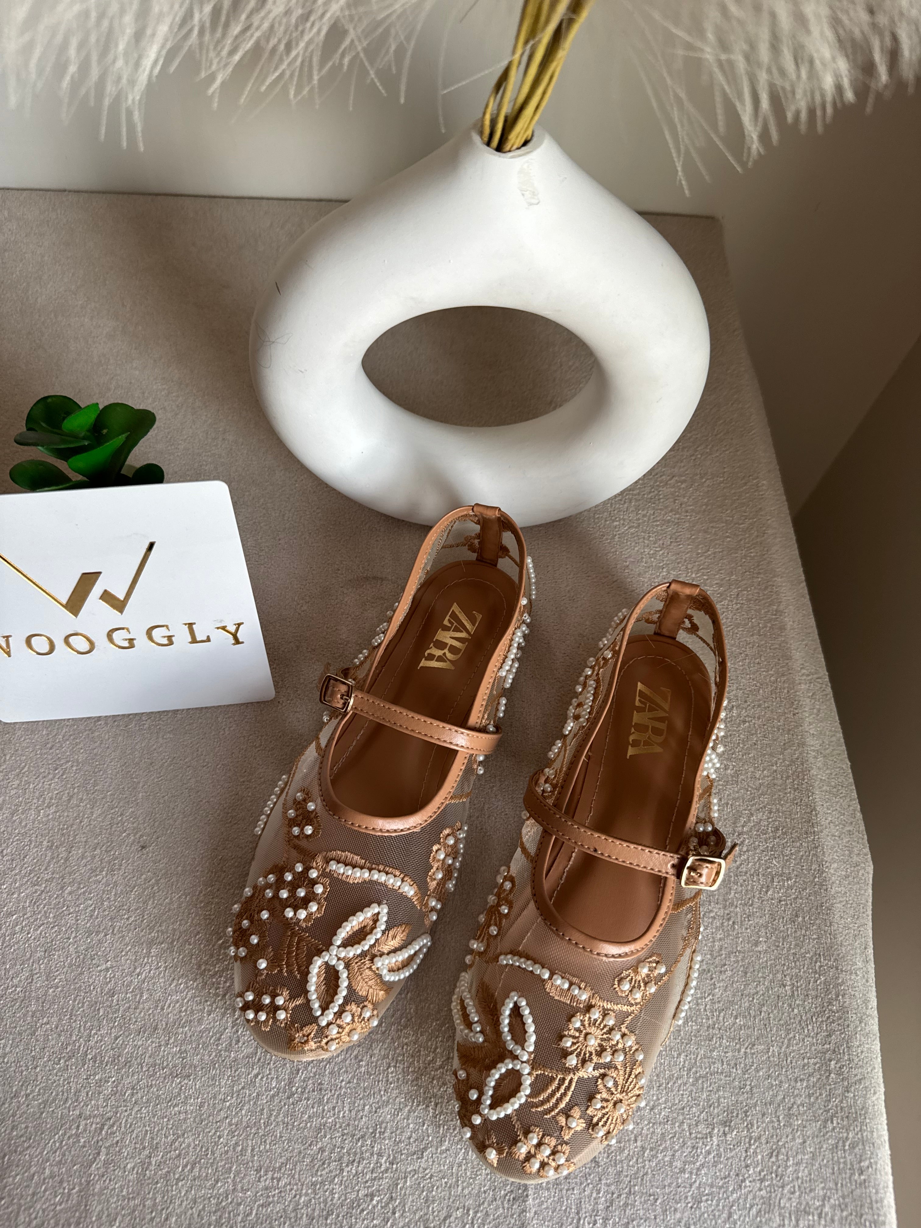 Zara Embroided Net Pumps - Beige