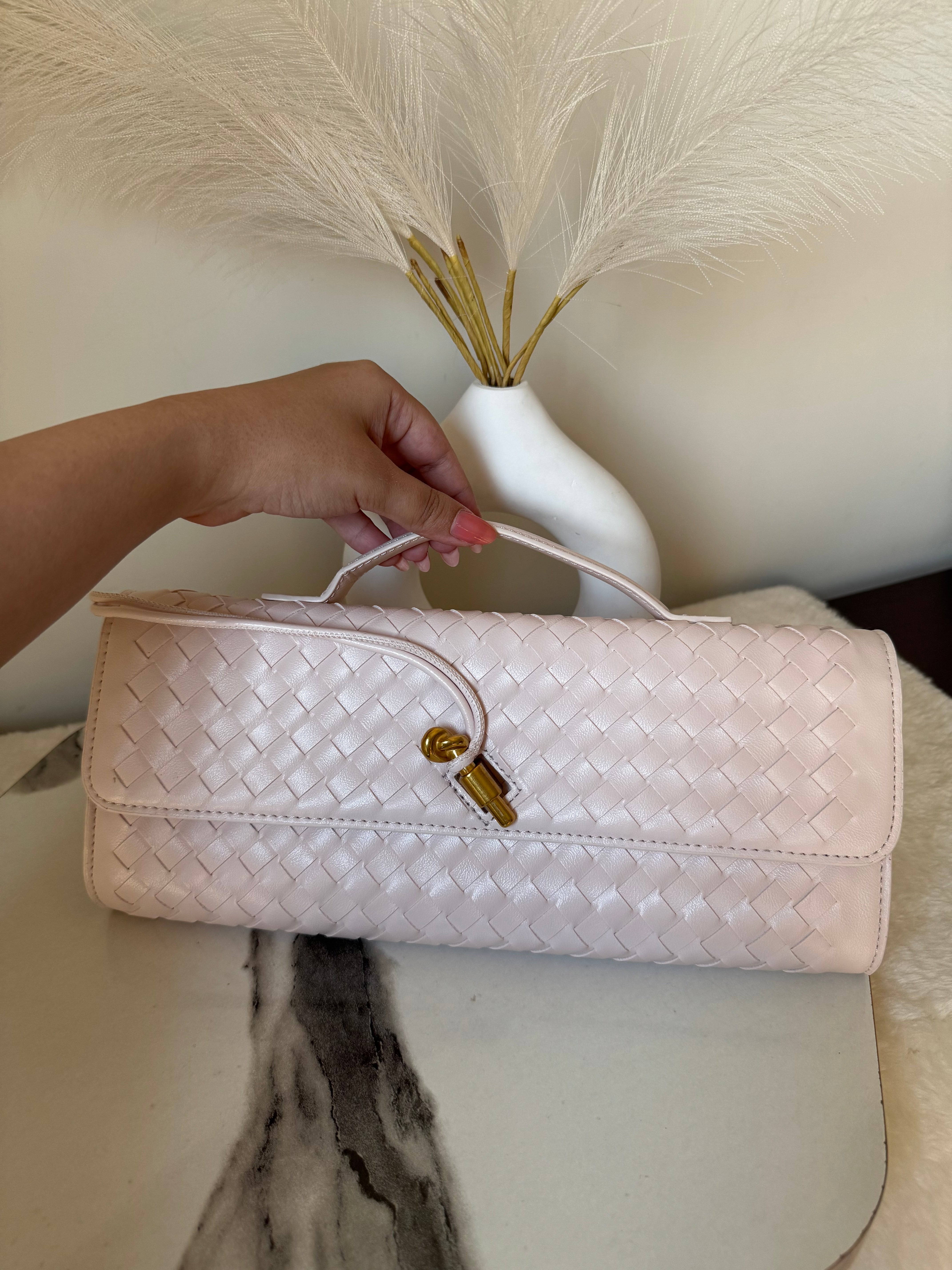 Bottega Veneta Inspired Clutch (Off White) with Long Strap