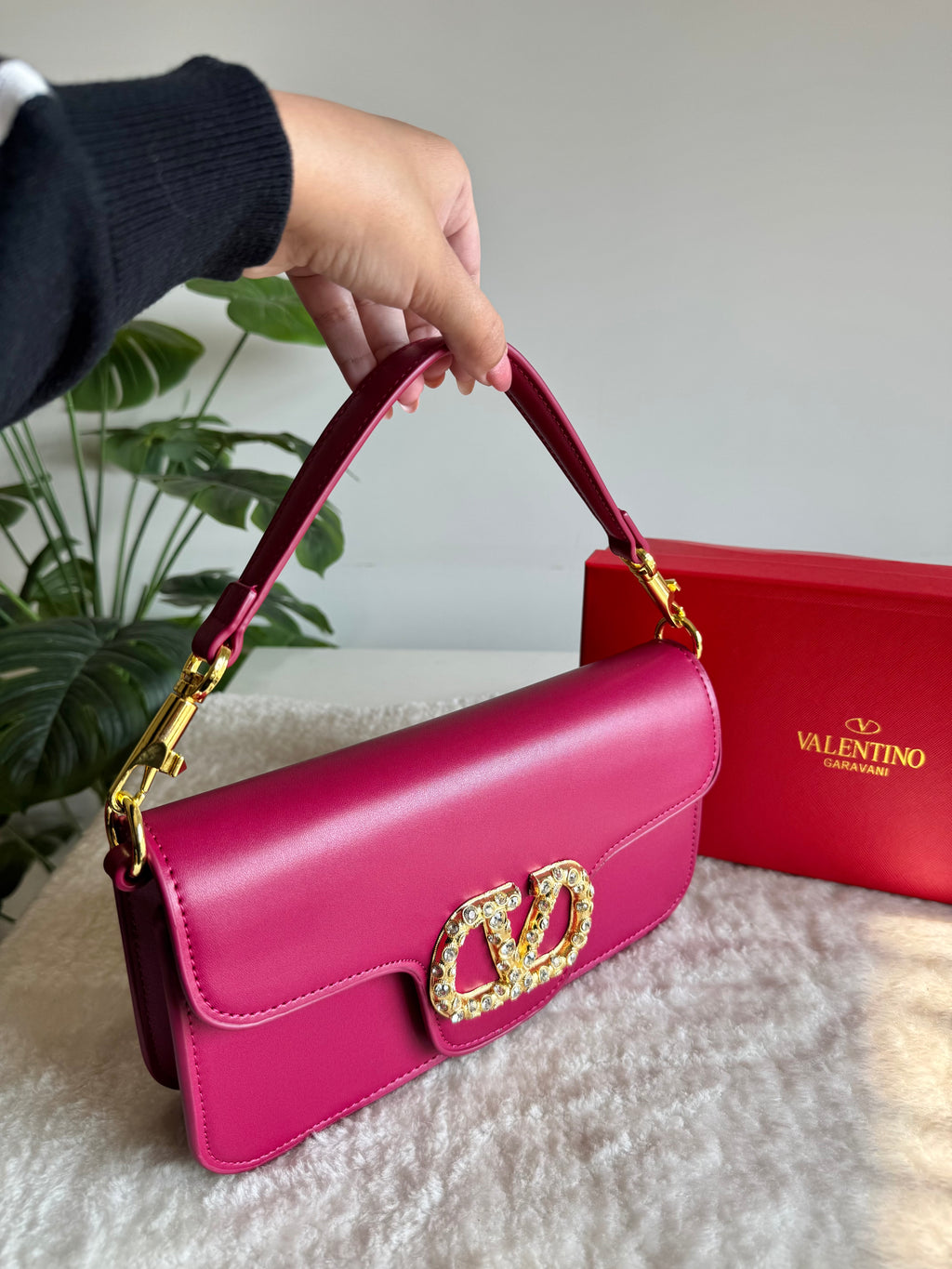 Valentino Loco with Jewel Logo PREMIUM Handbag with Box Packing - Hot Pink