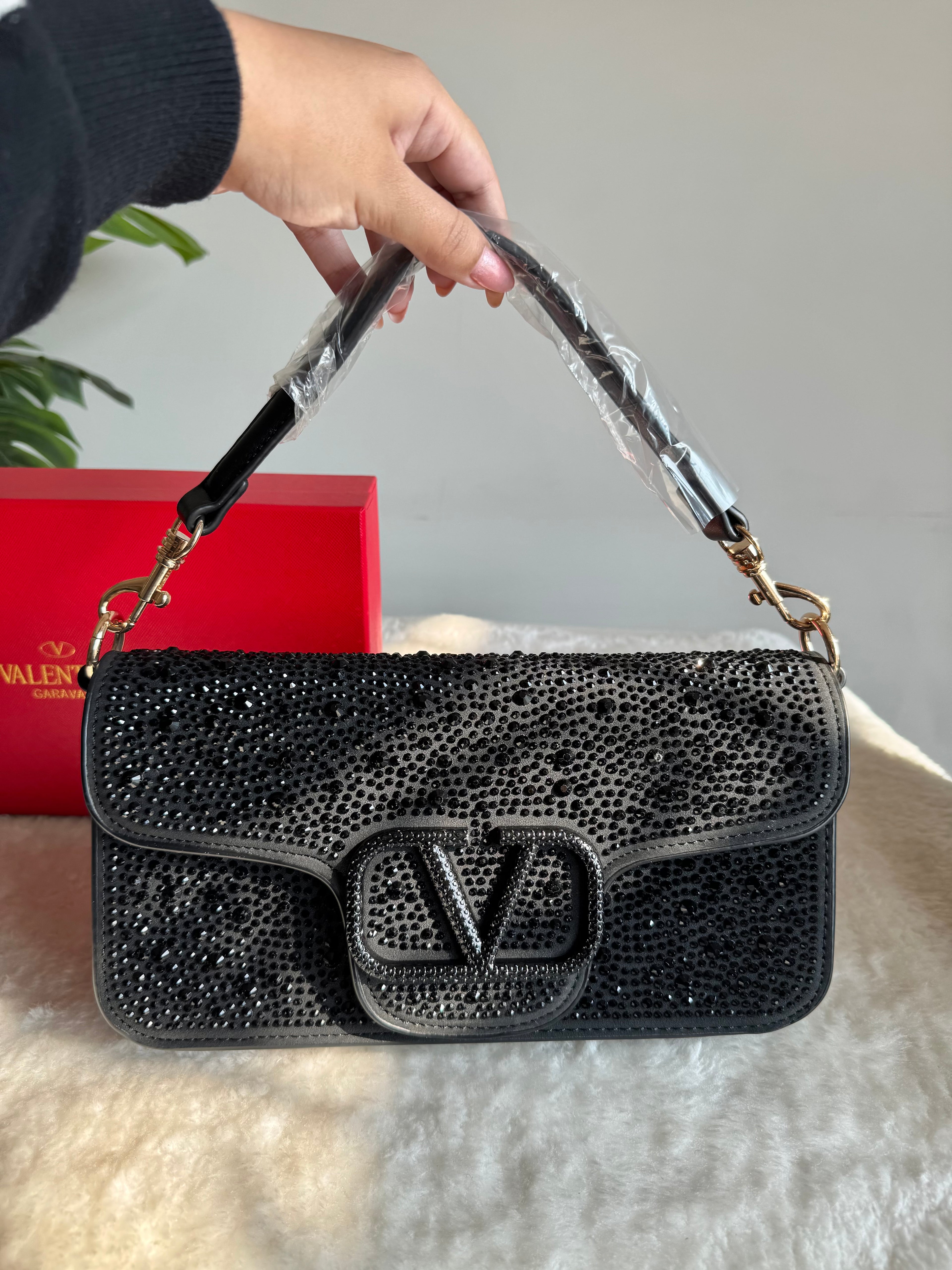 Valentino Loco Rhinestone PREMIUM Handbag with Box Packing - Black