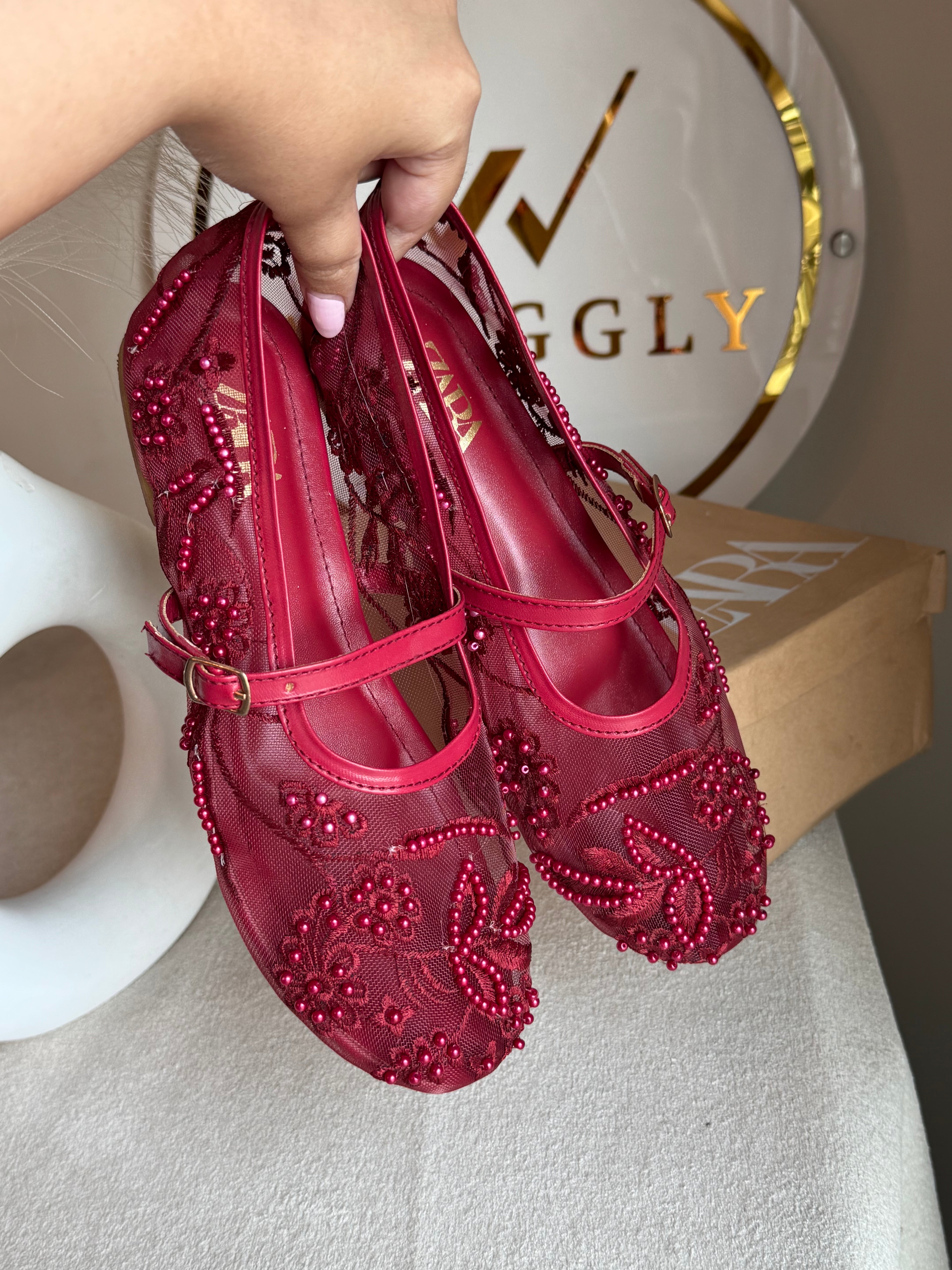 Zara Embroided Net Pumps - Maroon