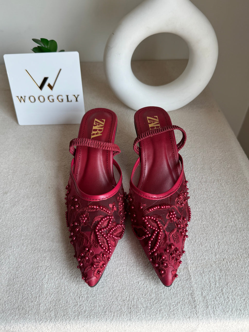 Zara Embroidered Net Heels - Maroon