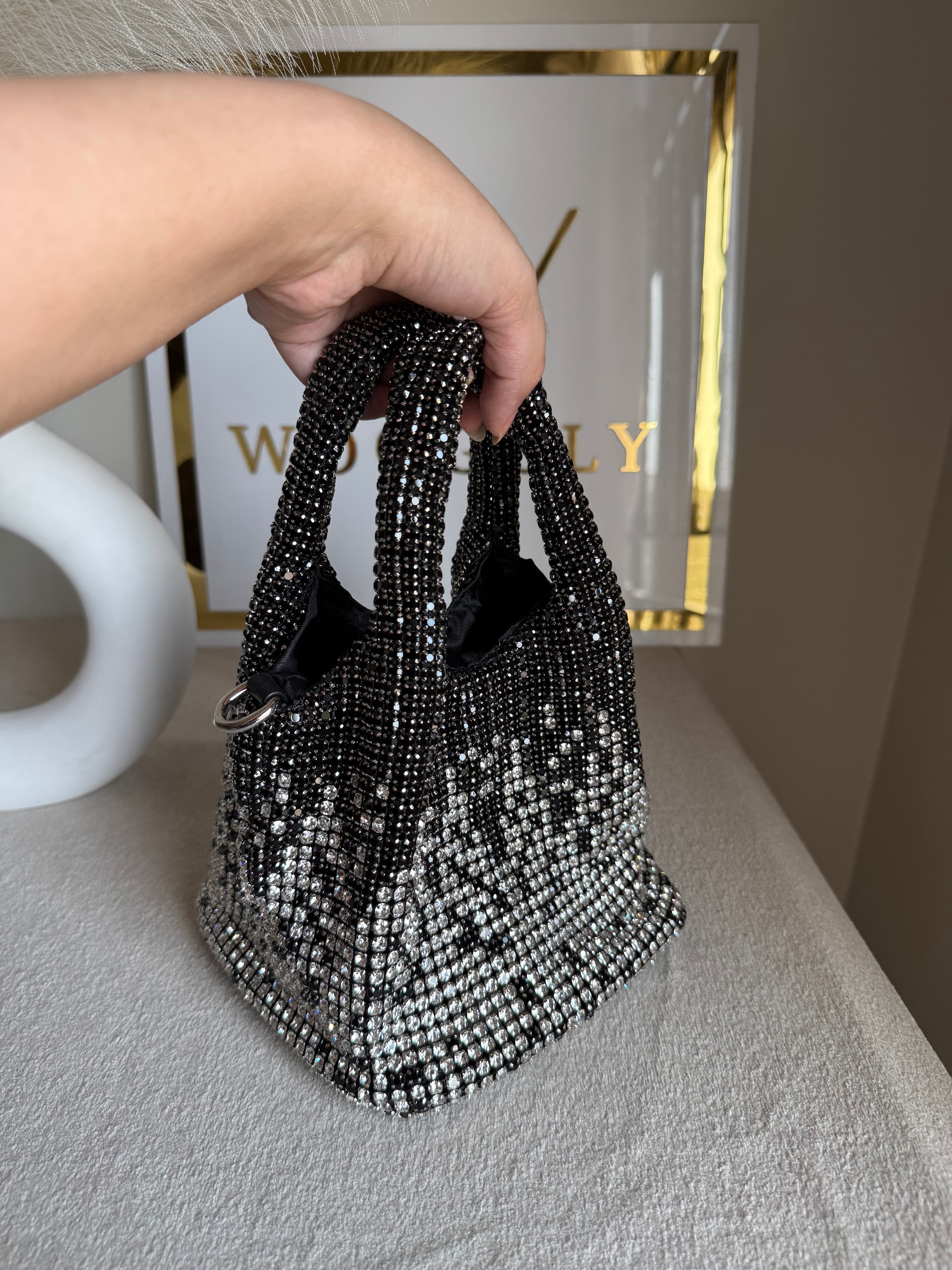 Party Wear Rhinestone Bucket Bag - Black