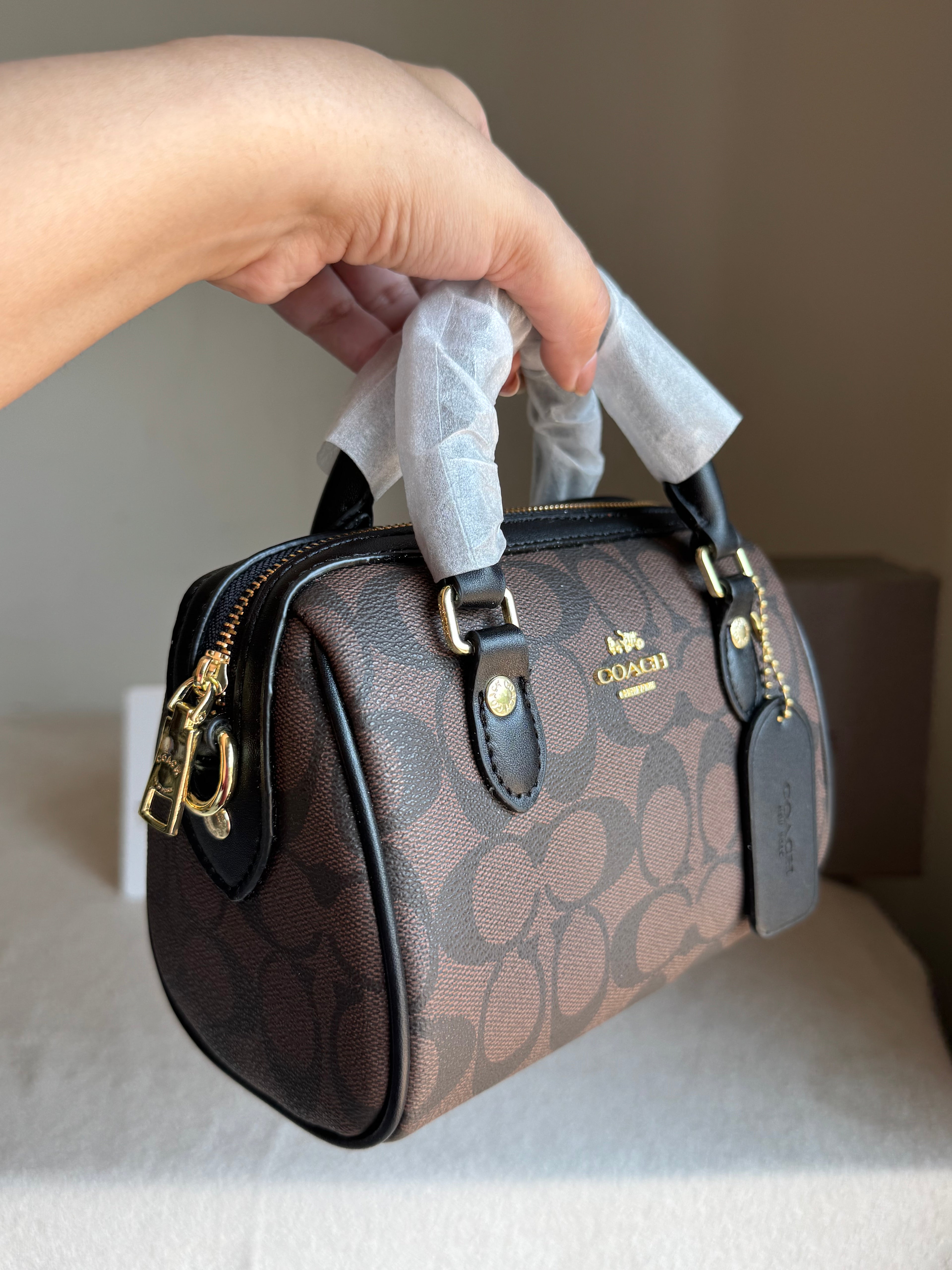 COACH Mini Duffle Bag PREMIUM with Long Strap Signature Brown - BOX PACKING