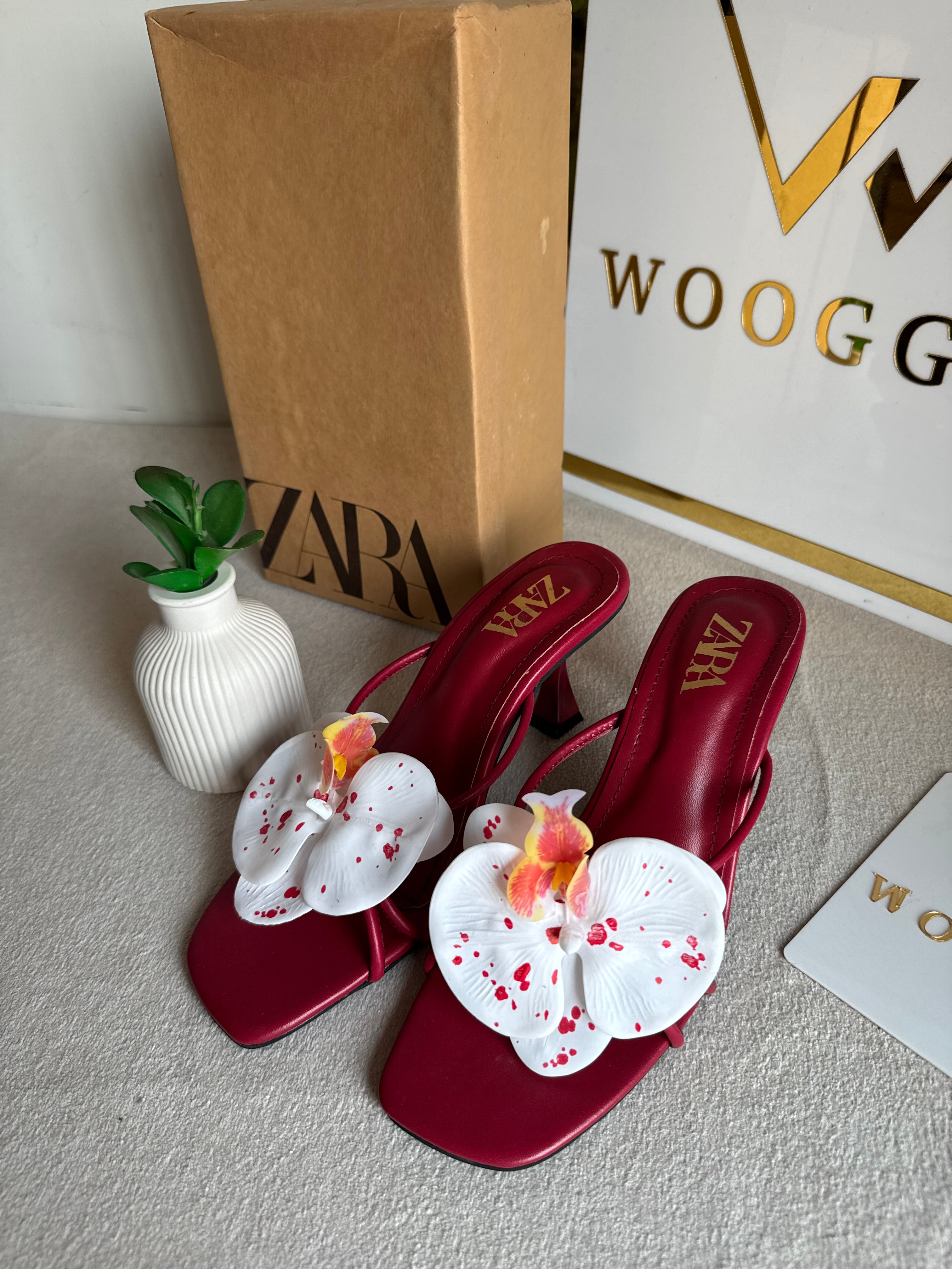 Zara Flower Heels MAROON - with Brand Box