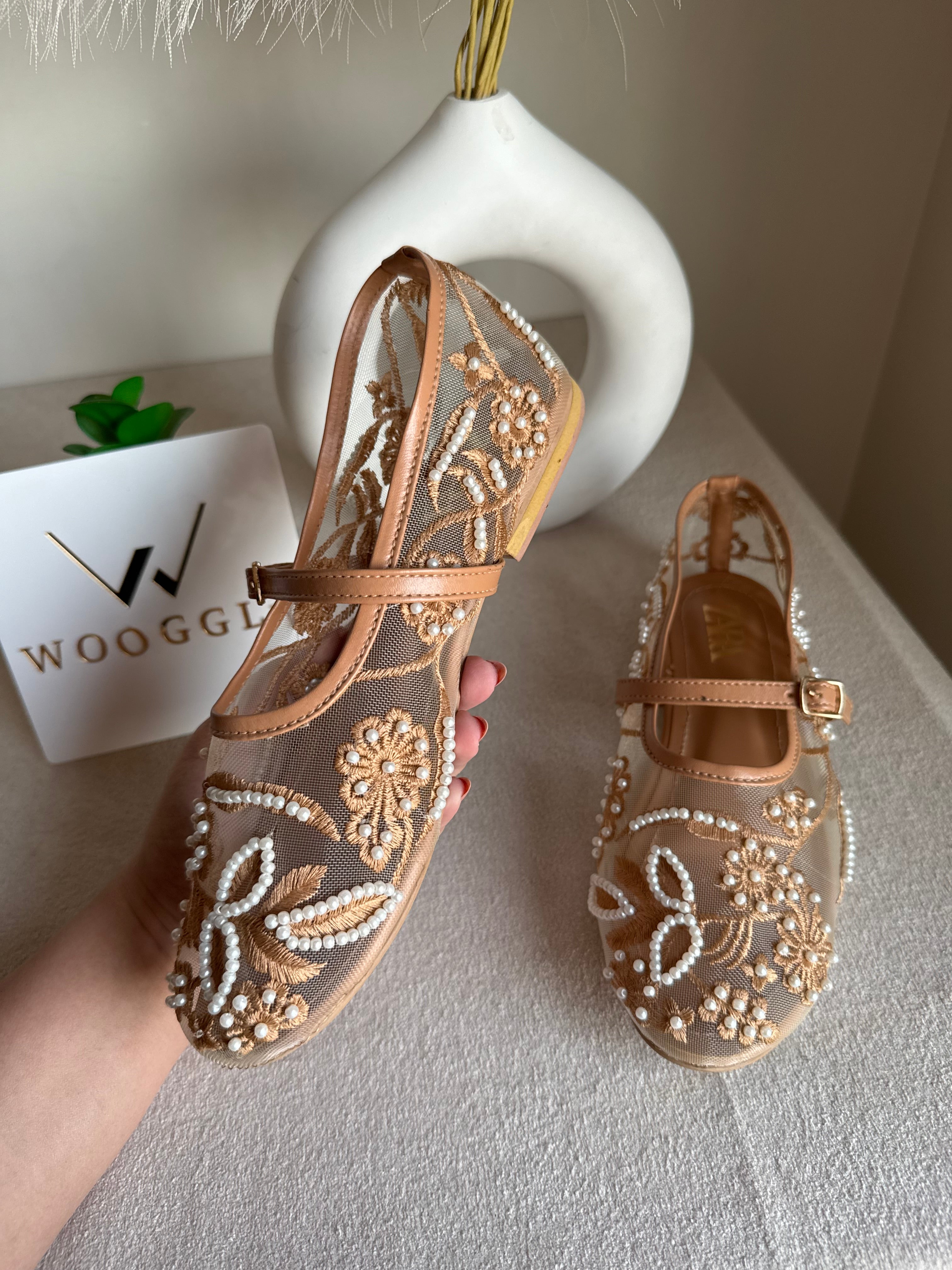 Zara Embroided Net Pumps - Beige