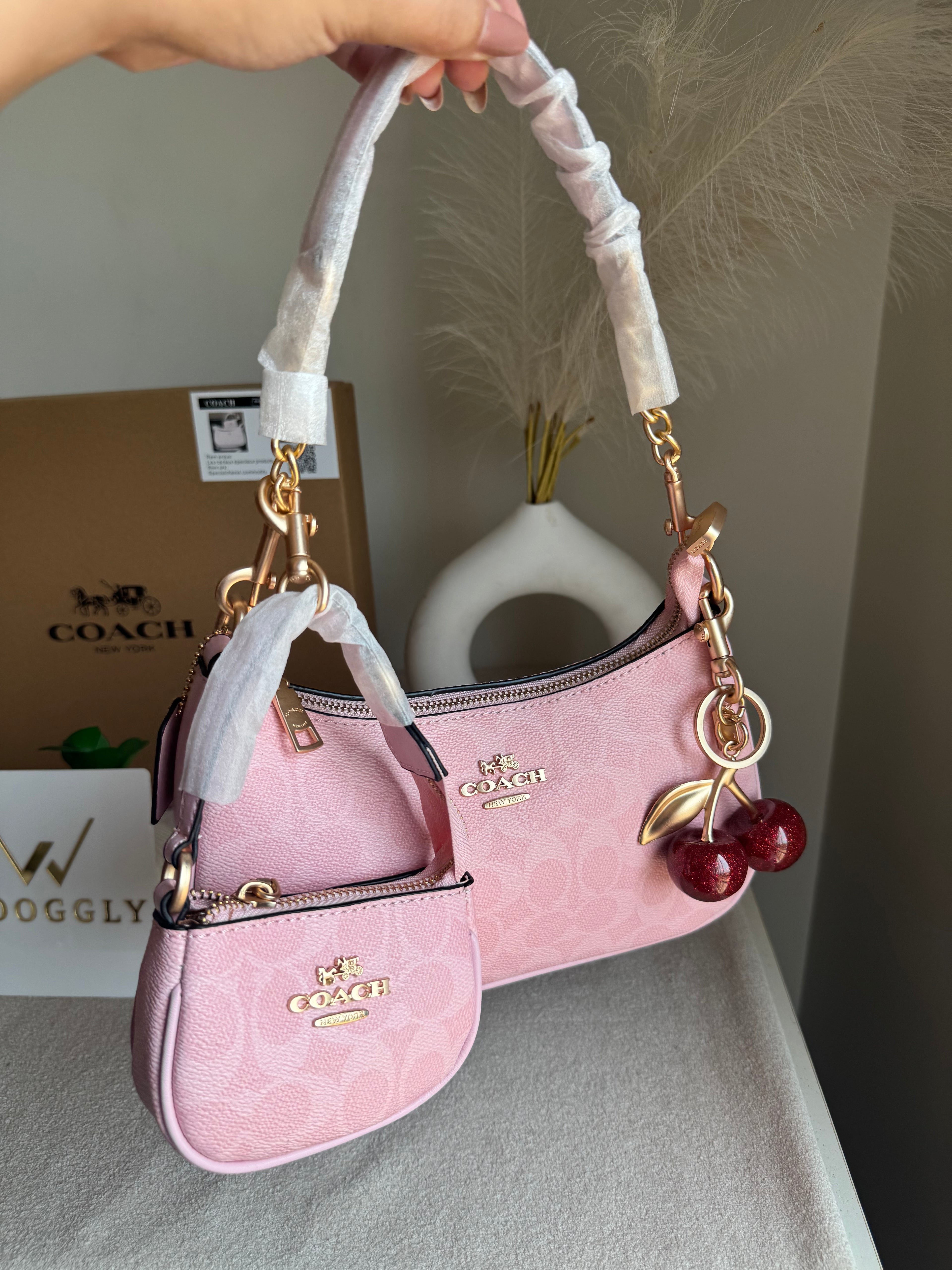 COACH Teri Gift Box with Baby Teri Charm & Coach Cherry Charm - Pink