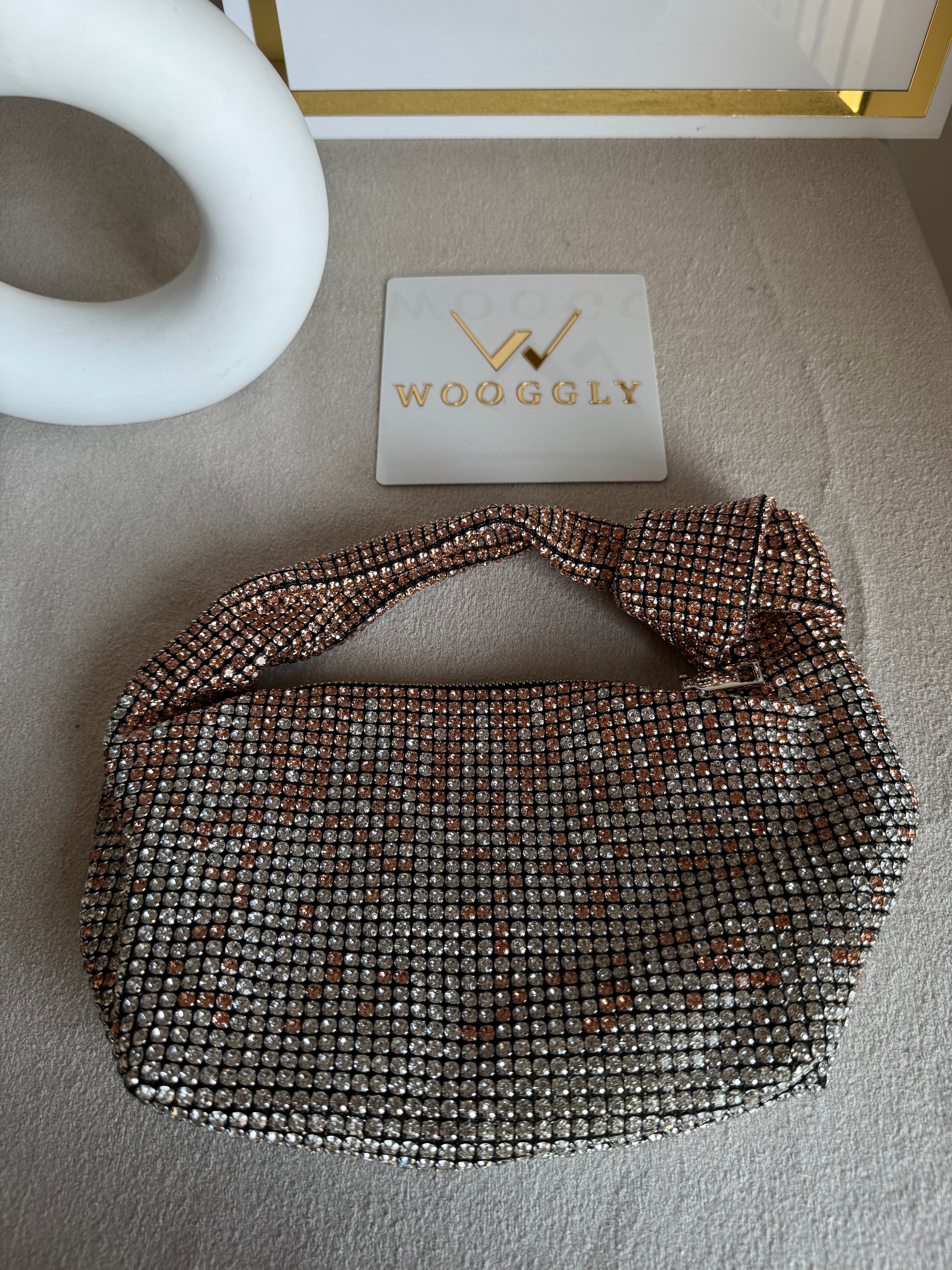 Party Wear Rhinestone Bow Bag - Rose Gold with Silver