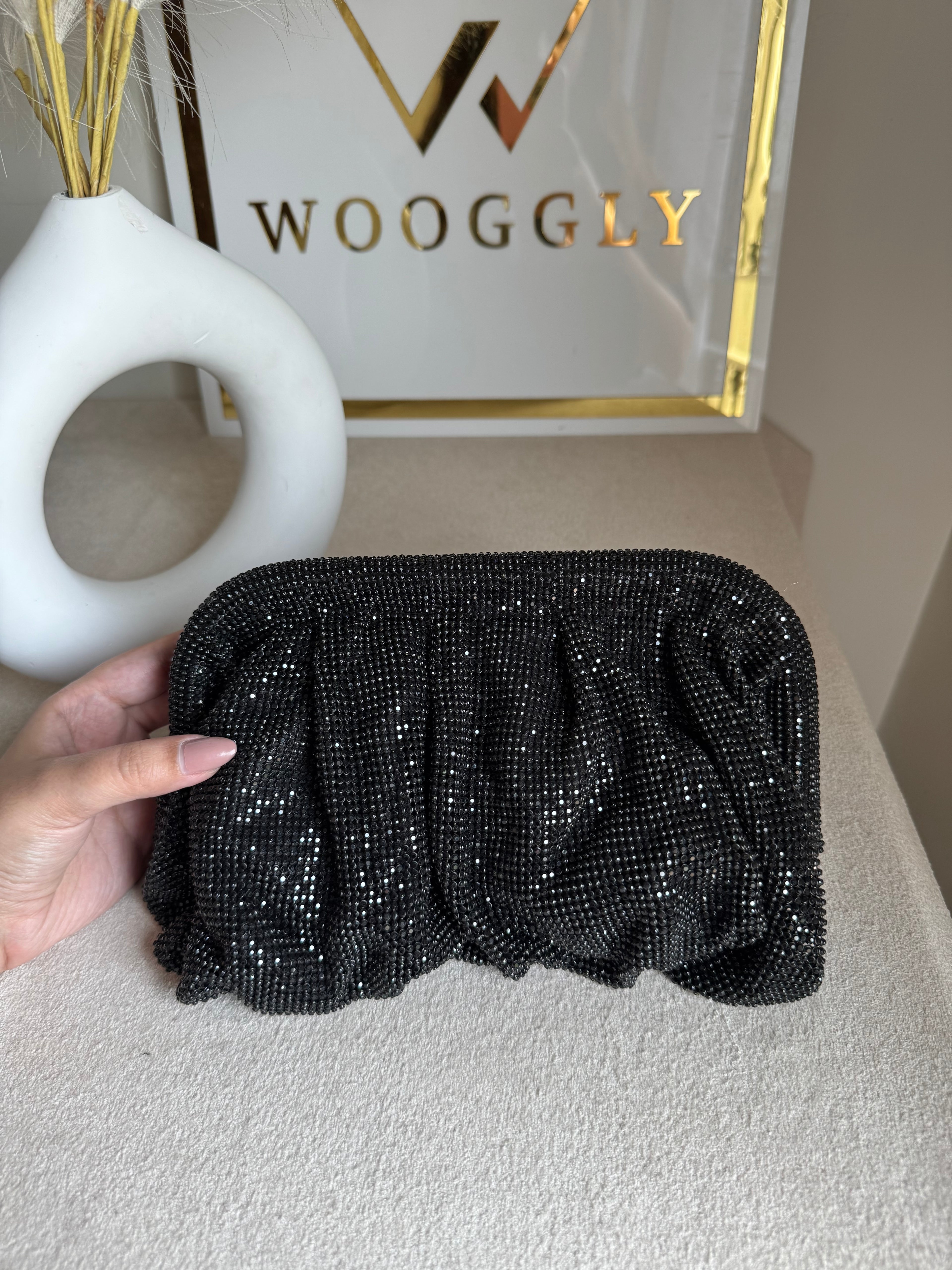 Viral High Quality Rhinestone Clutch with Chain - Shimmer Black