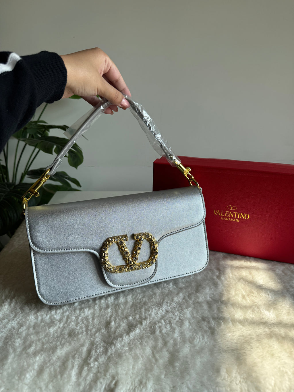 Valentino Loco with Jewel Logo PREMIUM Handbag with Box Packing - Silver