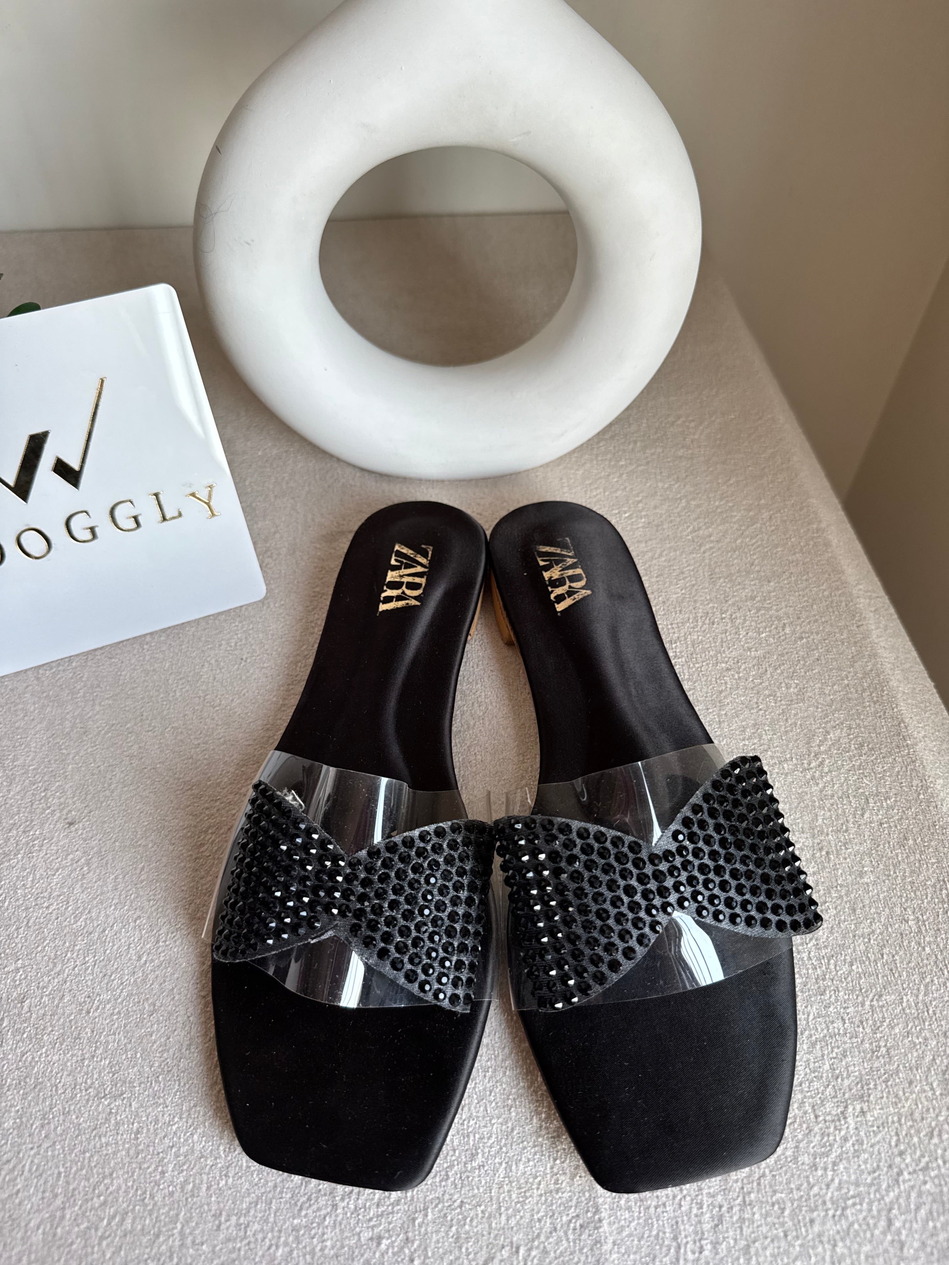 Zara Glitter Bow Slides - Black