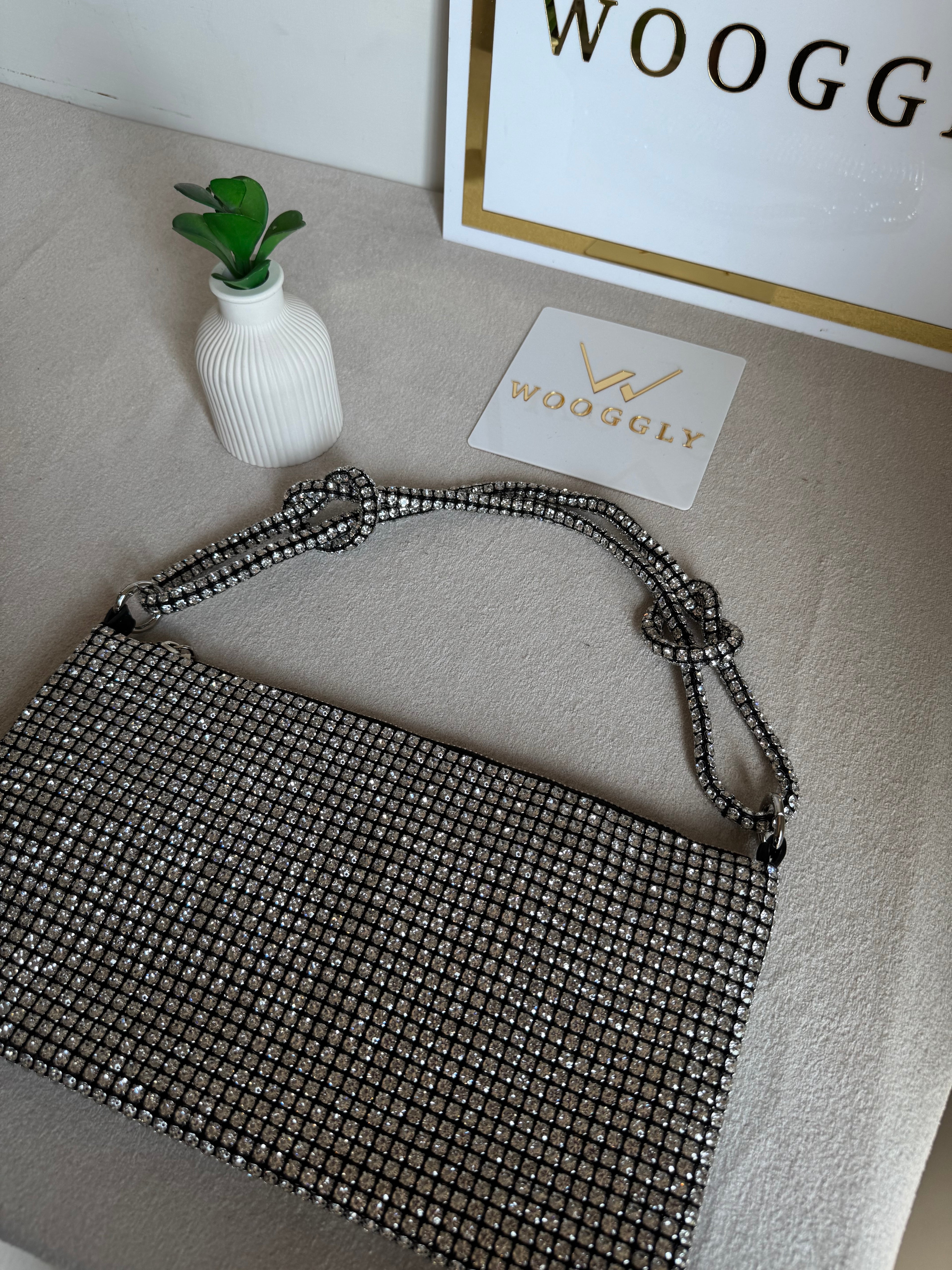 Dreamy Party Wear Rhinestone Bag - Black & Silver