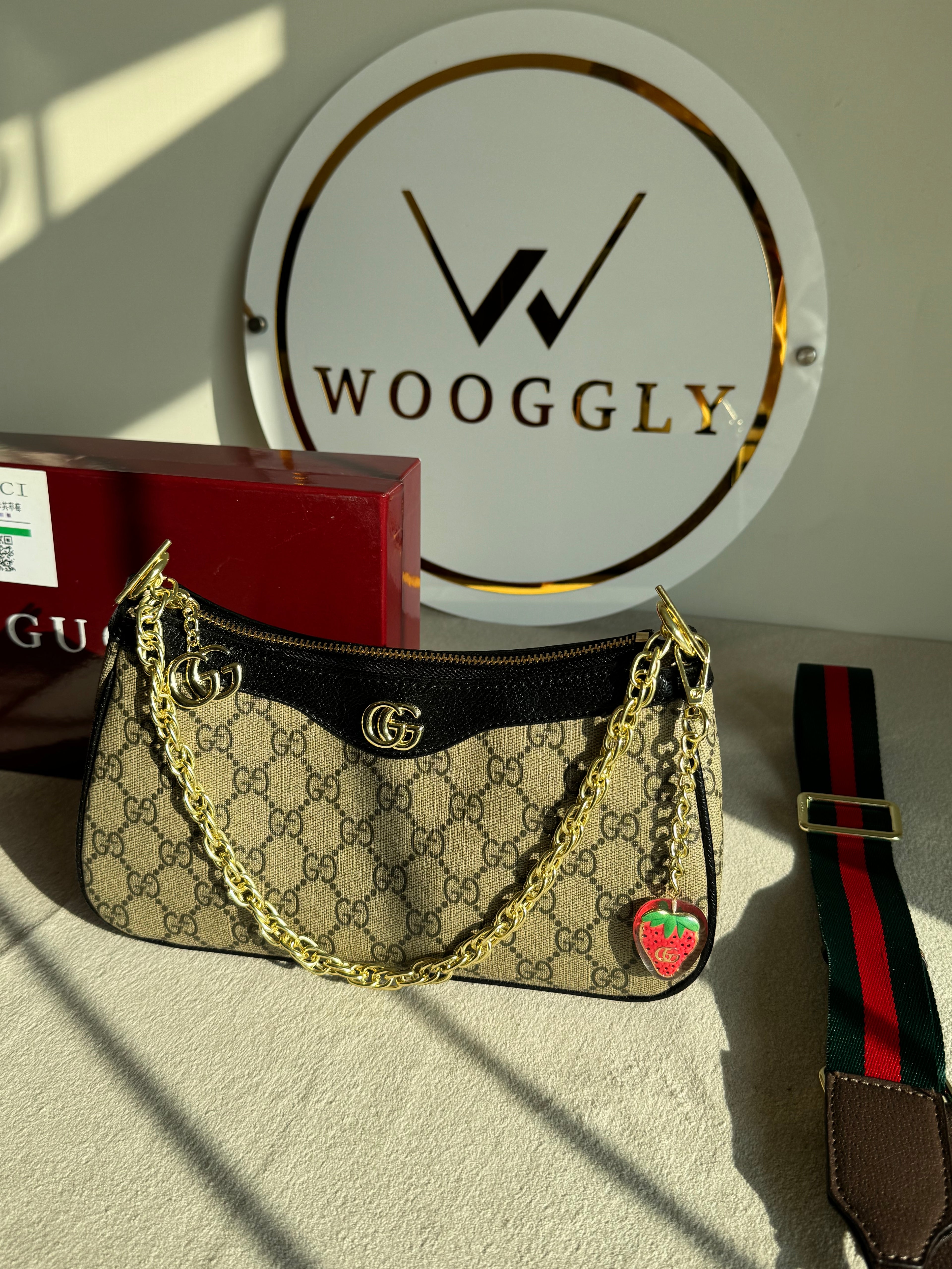 GUCCI Sling with Long Strap & Strawberry Charm - Signature Black with Box Packing