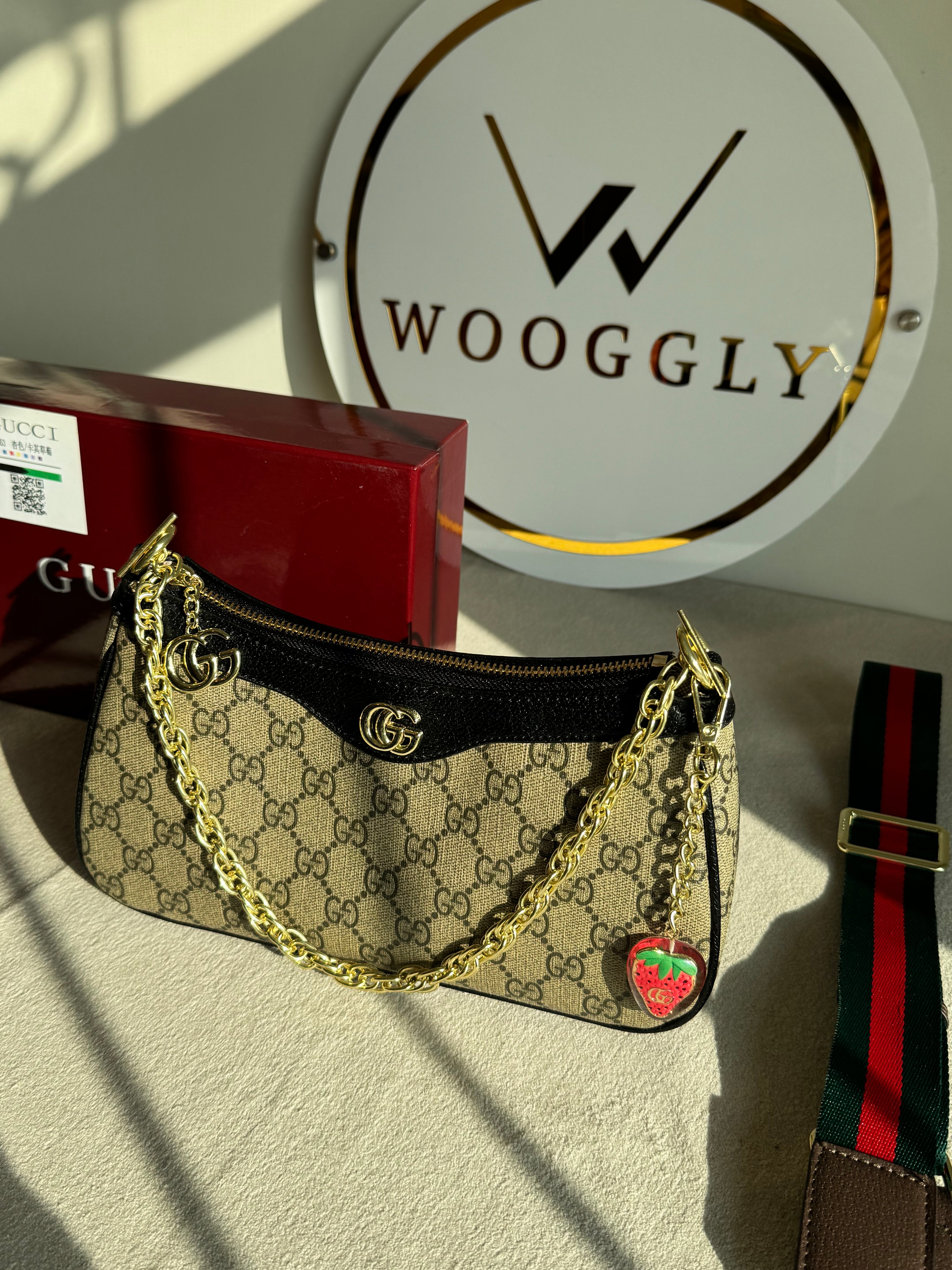 GUCCI Sling with Long Strap & Strawberry Charm - Signature Black with Box Packing