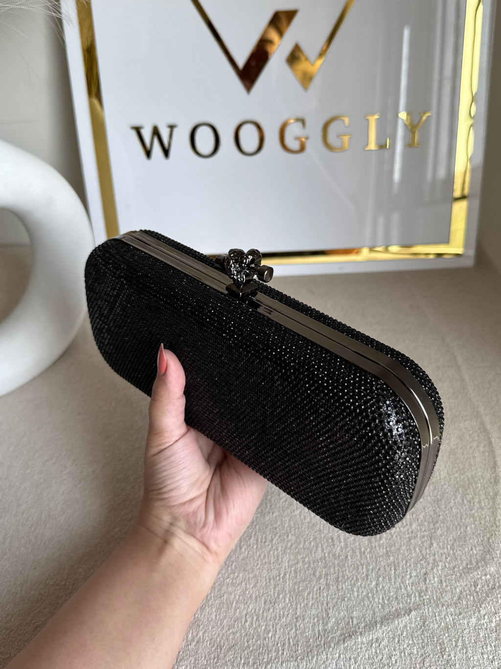 Bottega Shimmer Clutch Matte Top - Black with Chain