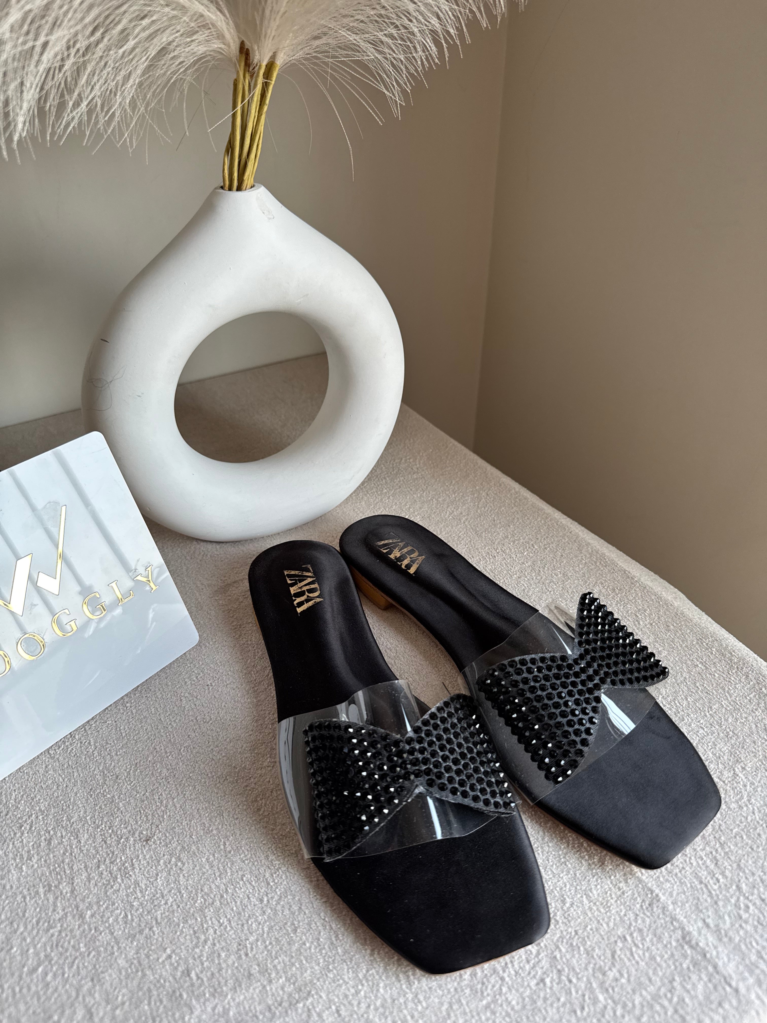 Zara Glitter Bow Slides - Black