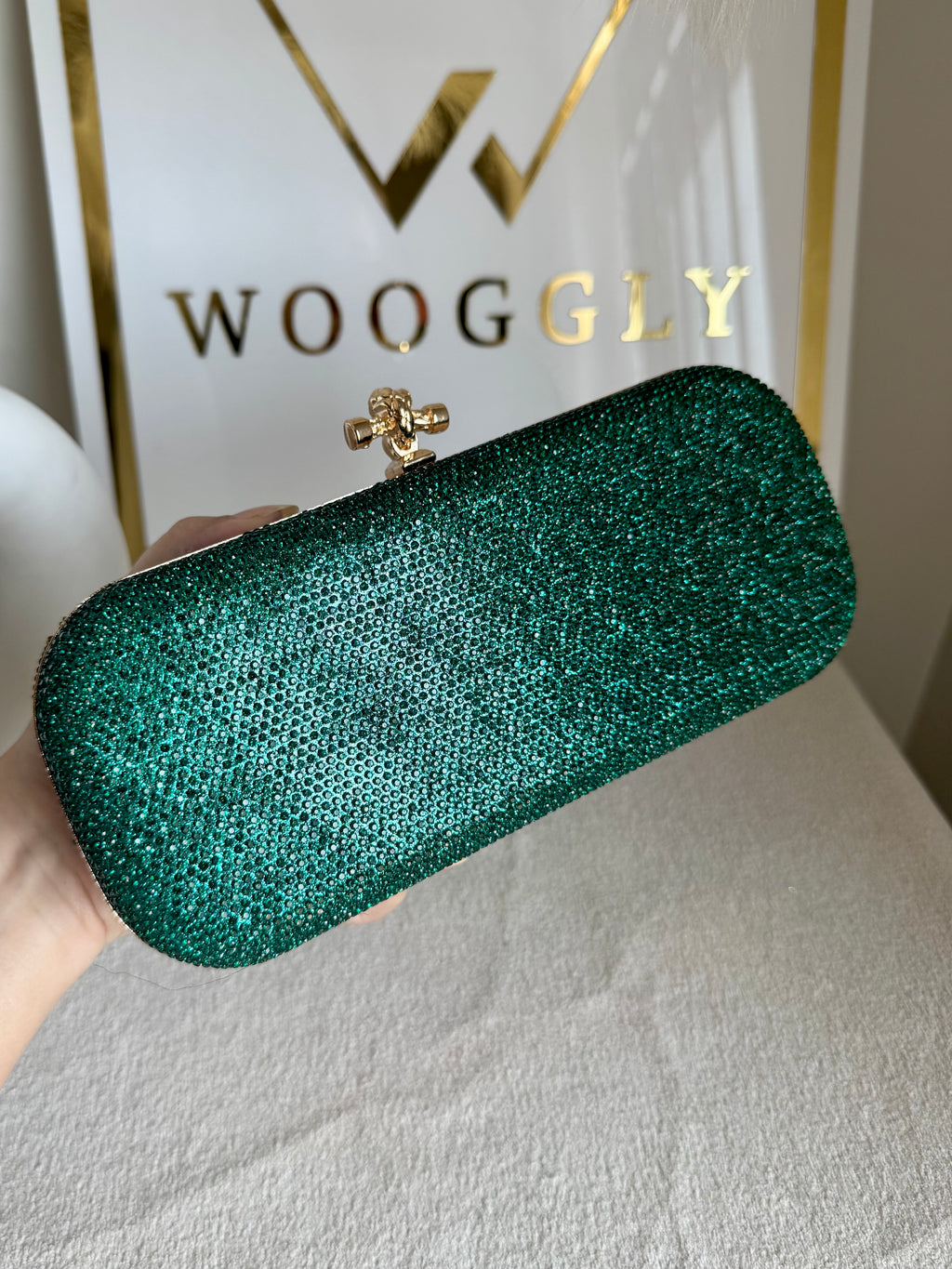 Bottega Shimmer Clutch - Green with Chain