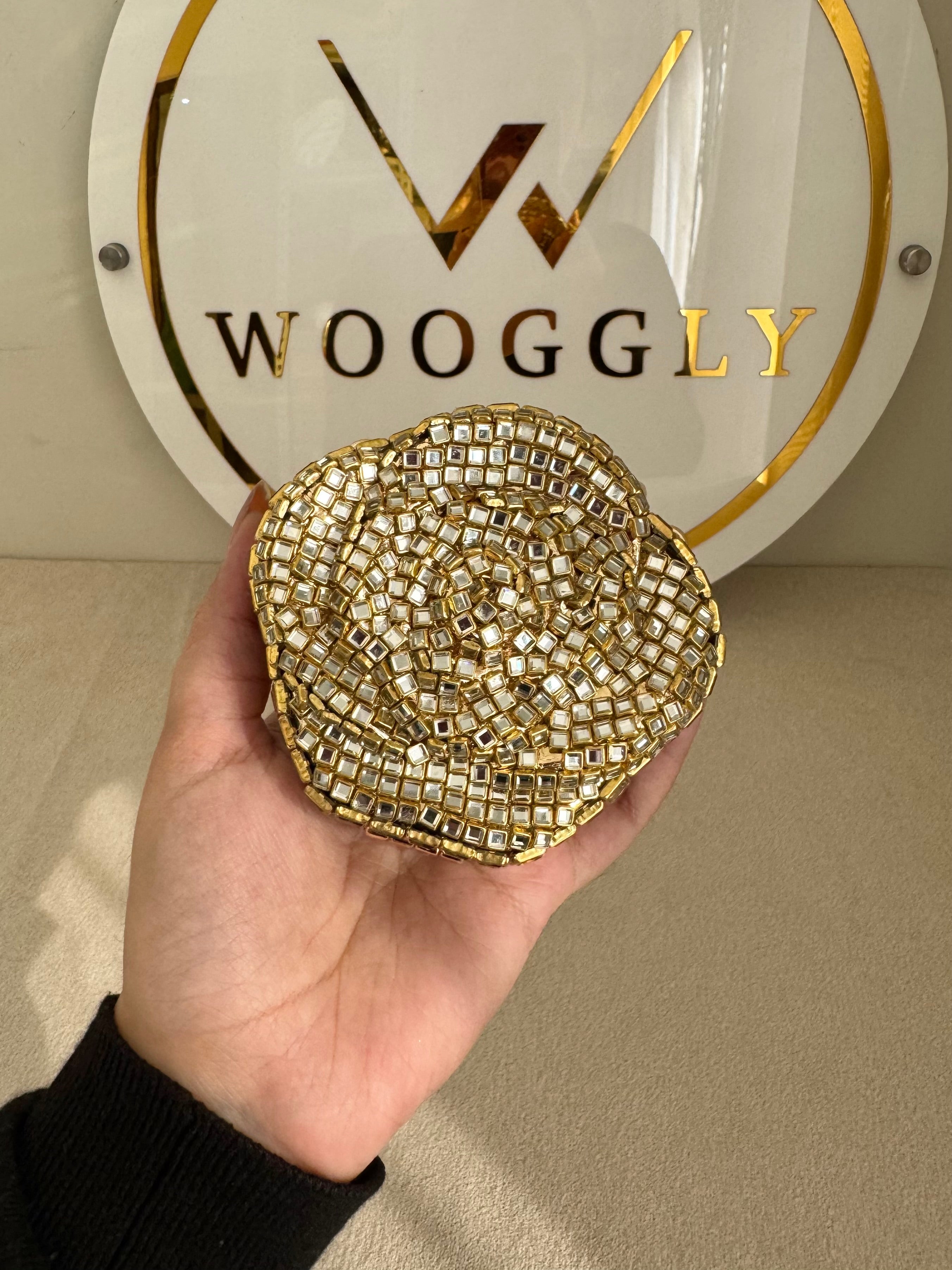 Kundan Flower Clutch - Gold with Chain