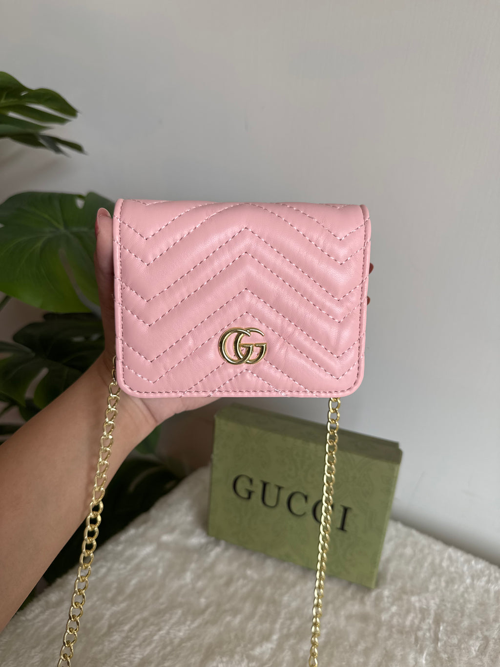 Gucci Wallet Quilted with Detachable Chain - Baby Pink
