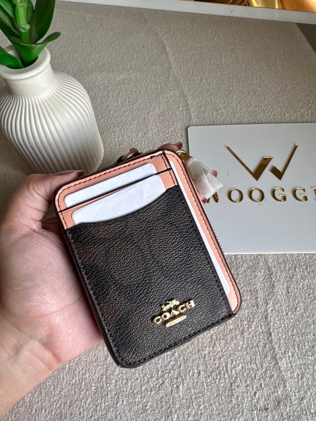Coach Zip Card Case - Signature Brown with Peach