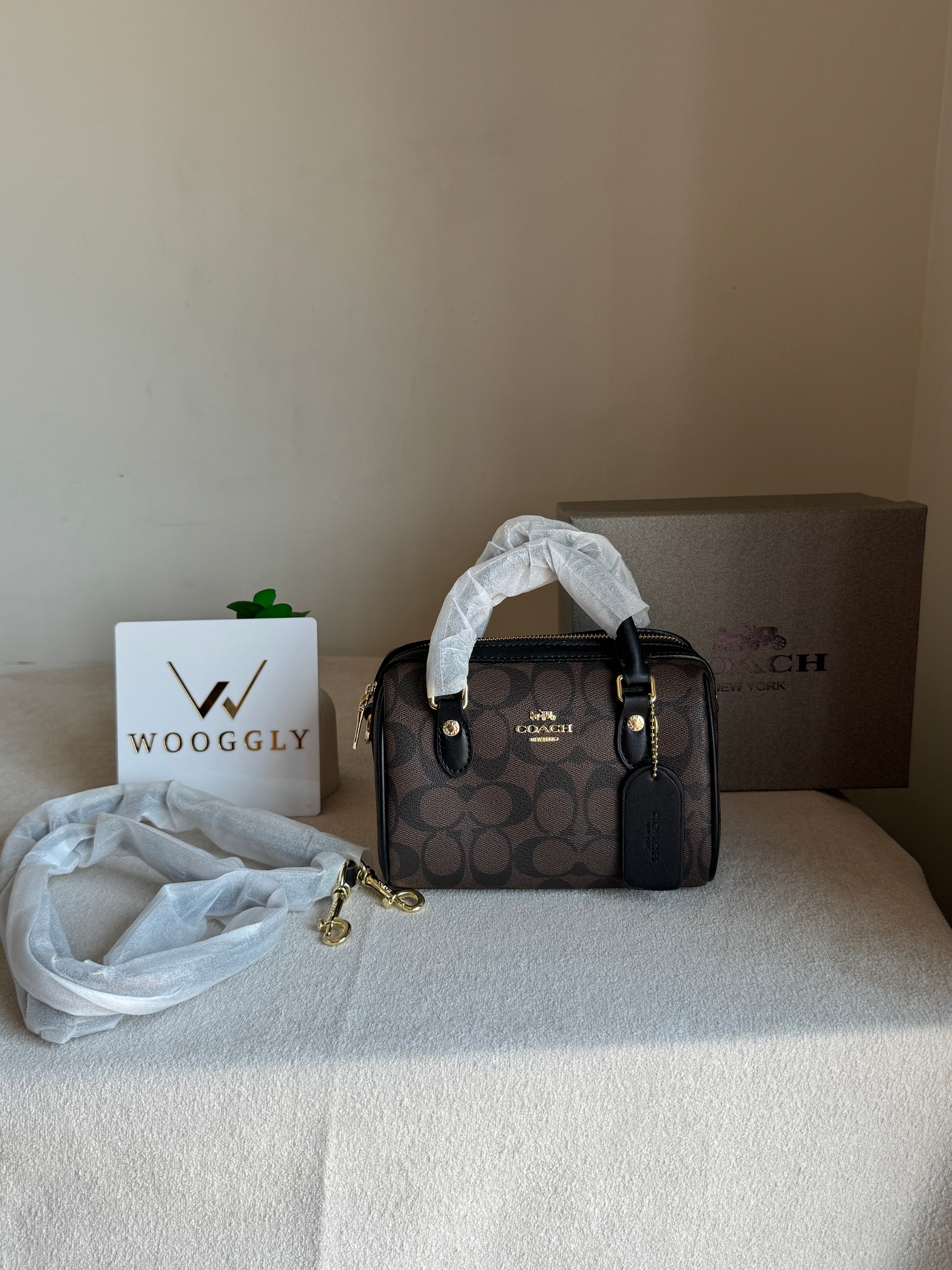 COACH Mini Duffle Bag PREMIUM with Long Strap Signature Brown - BOX PACKING