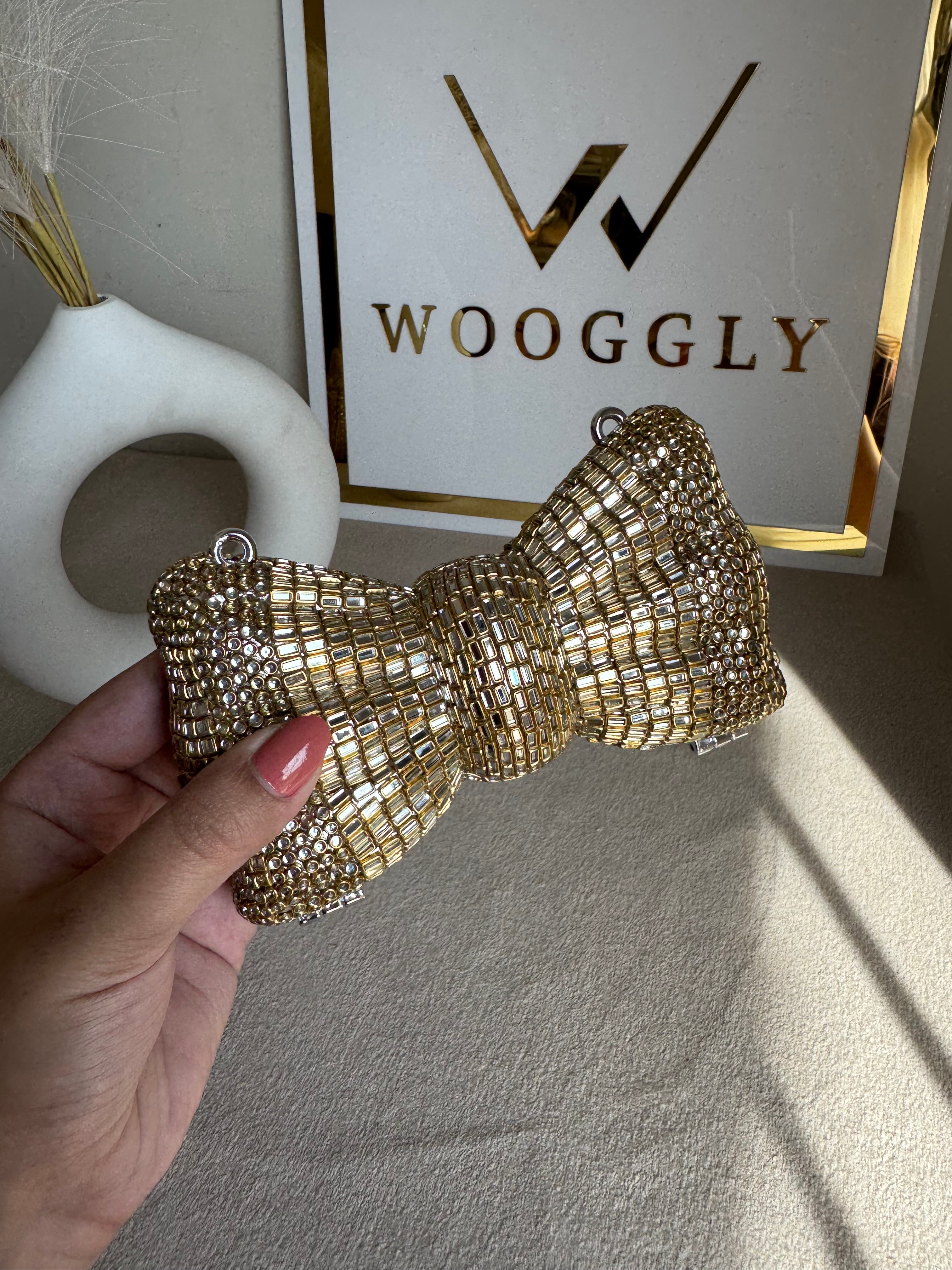 Kundan Bow Clutch - Gold with Chain