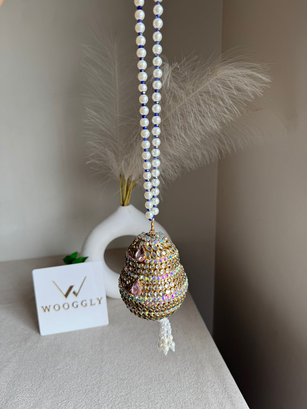 Turkish Potli - Pink Stone with Pearl/Blue Chain