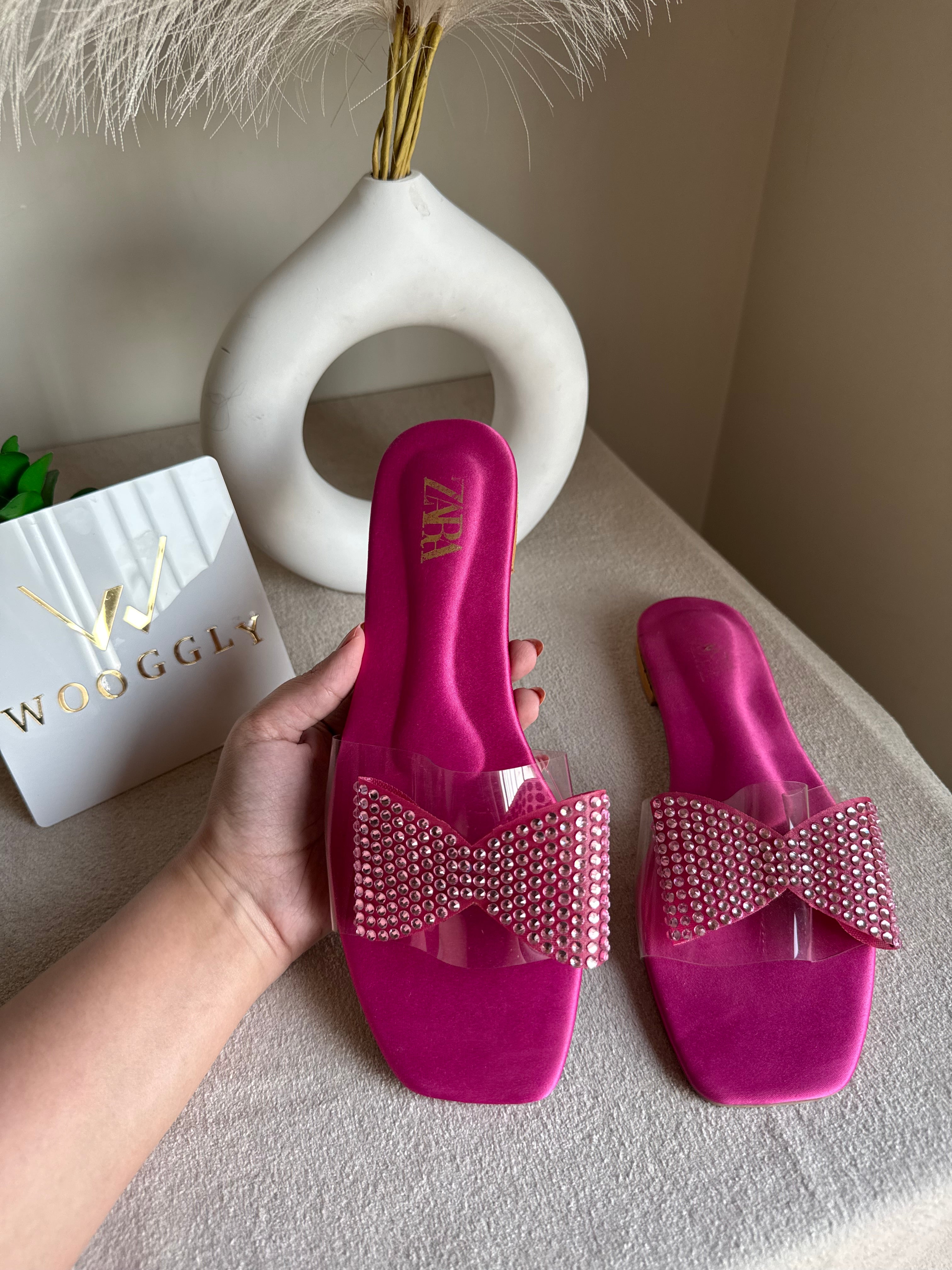 Zara Glitter Bow Slides - Hot Pink
