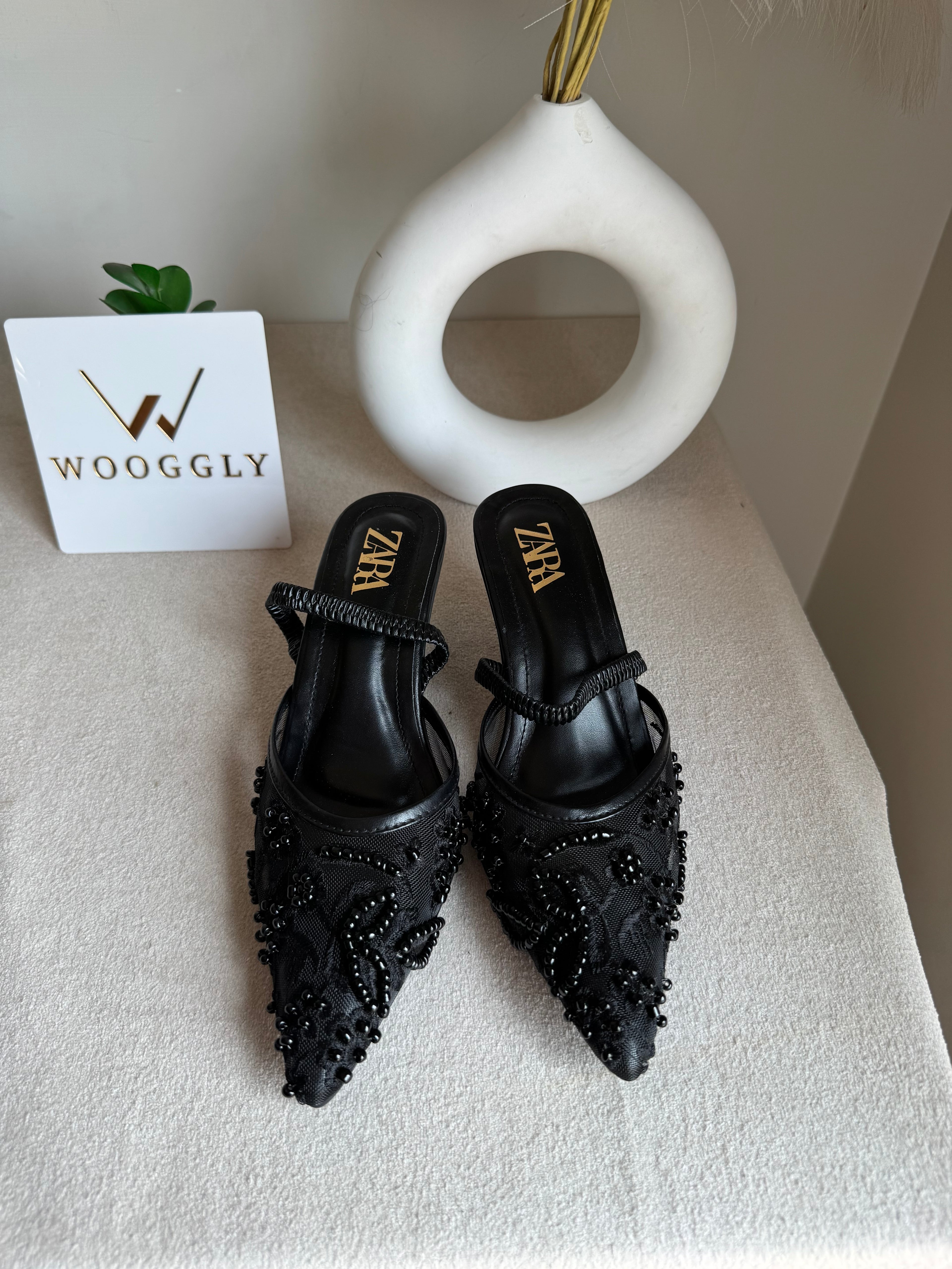 Zara Embroidered Net Heels - Black